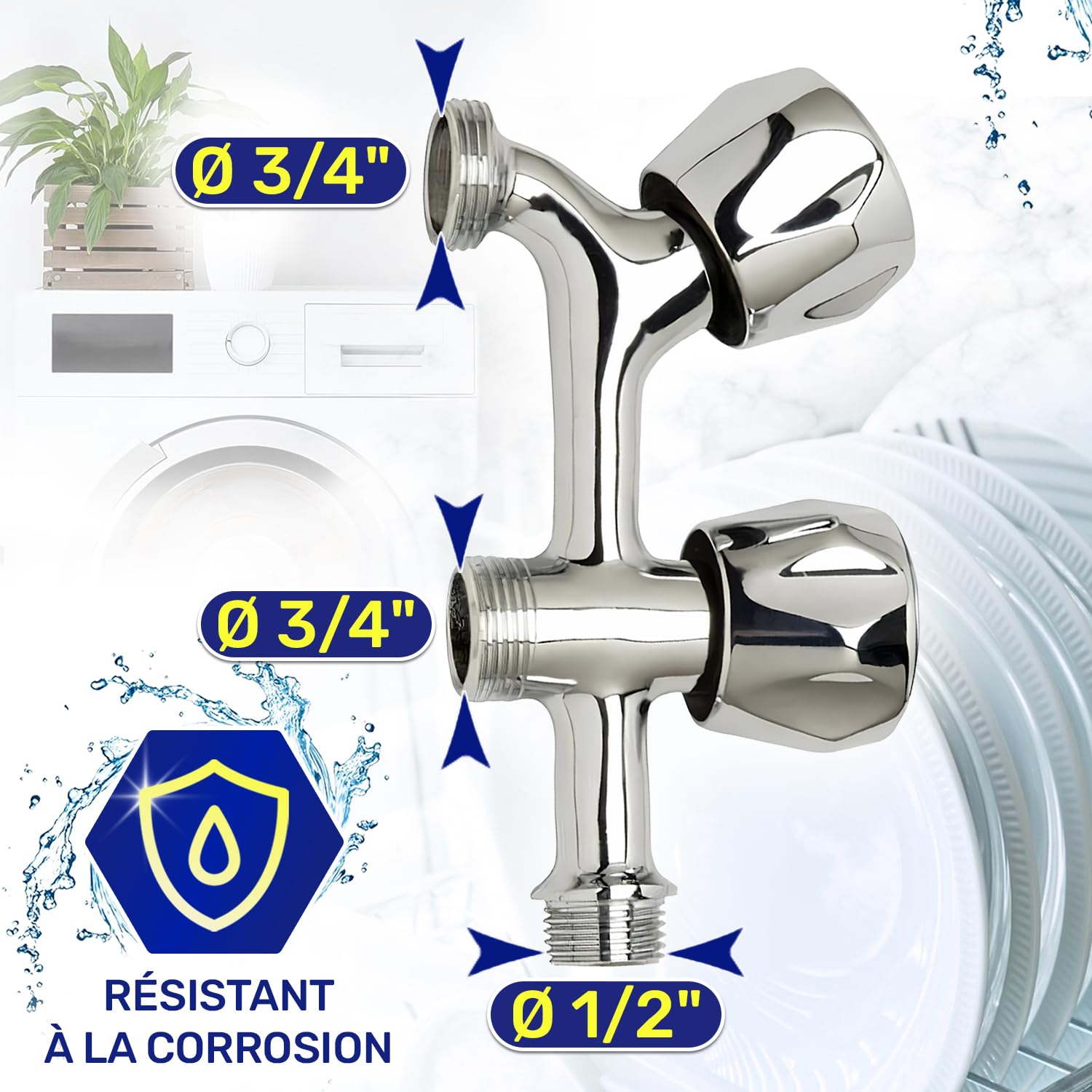 Robinet Machine à Laver et Lave Vaisselle 1/2" x 3/4" x 3/4" en Laiton Chromé - Garantie de 10 Ans - MONTERAL