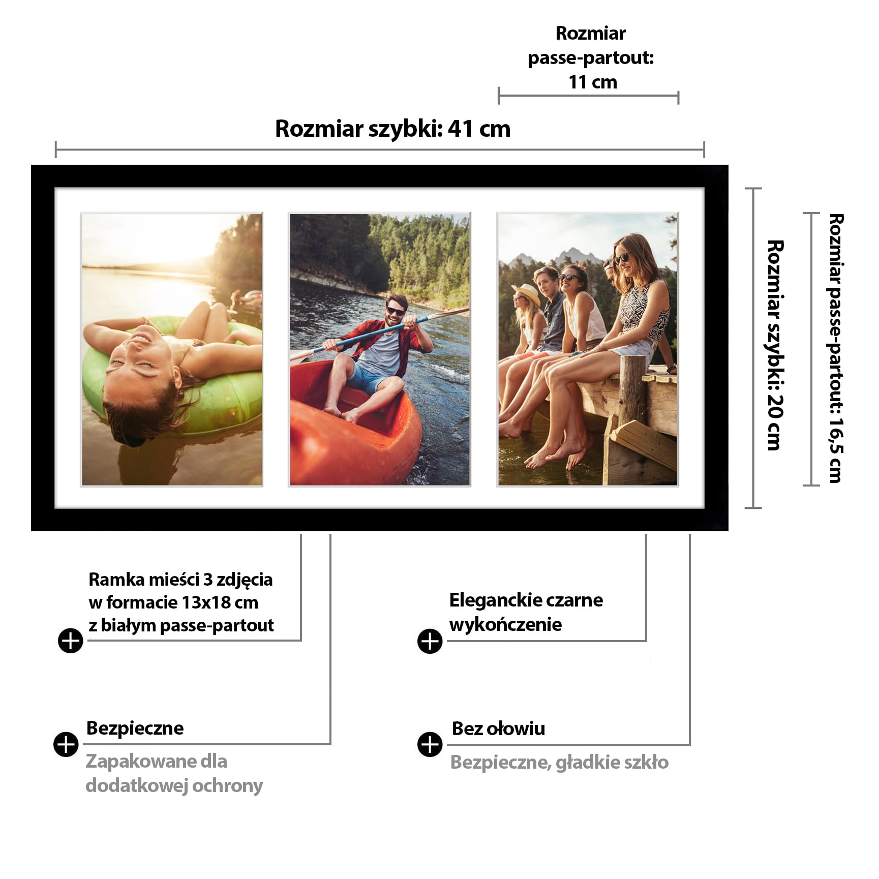 Americanflat czarna ramka kolaż 20 x 41 cm, panoramiczna multiramka na 3 zdjęcia 13 x 18 cm lub jedno zdjęcie 20 x 41 cm – do postawienia i powieszenia – ze szkłem odpornym na stłuczenie