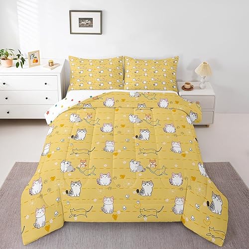 Erosebridal Juego de ropa de cama Kawaii amarillo tamaño individual, lindo juego de edredón de gatito, edredón de plumón de animales para mascotas,
