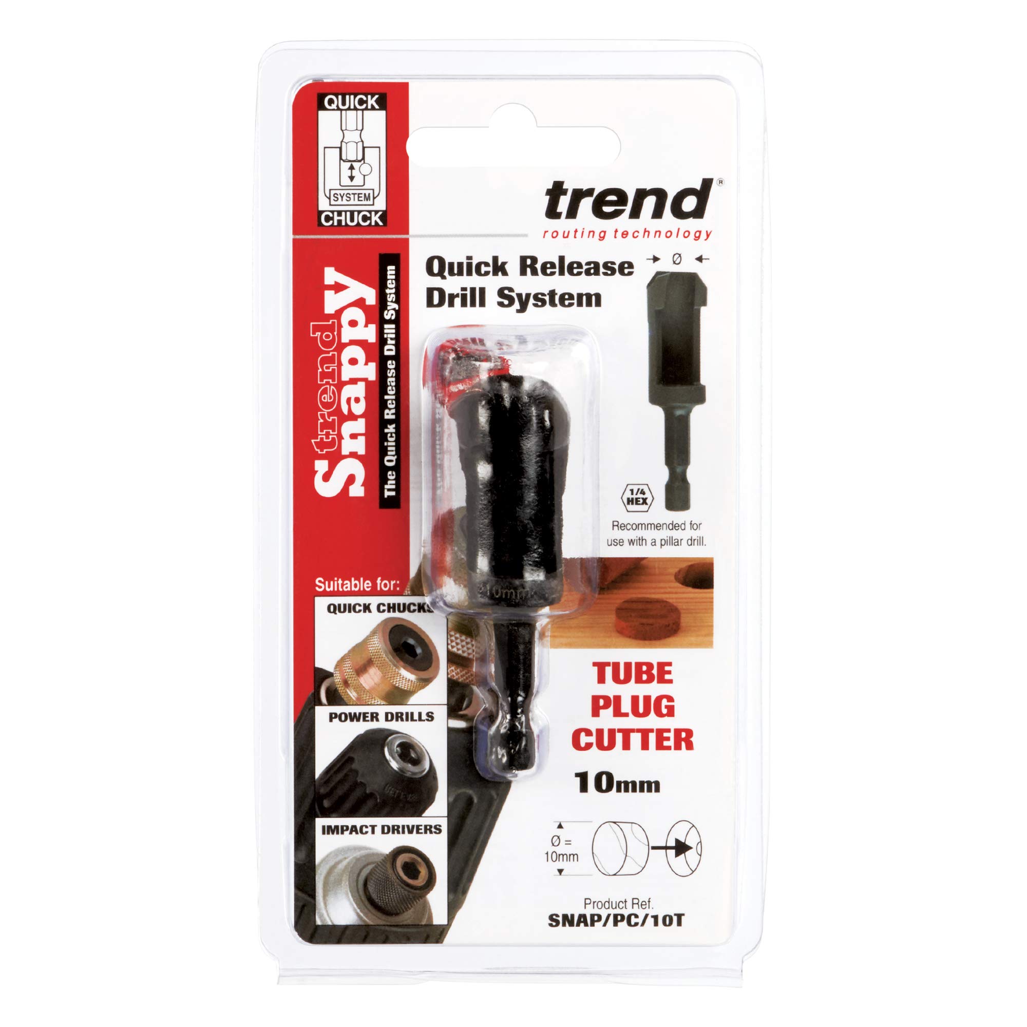 Trend Snappy Cortador de Tapones de Tubo de 10mm para Tapones de Madera Perfectos, Compatible con Sistema de Taladro de Liberación Rápida, SNAP/PC/10T