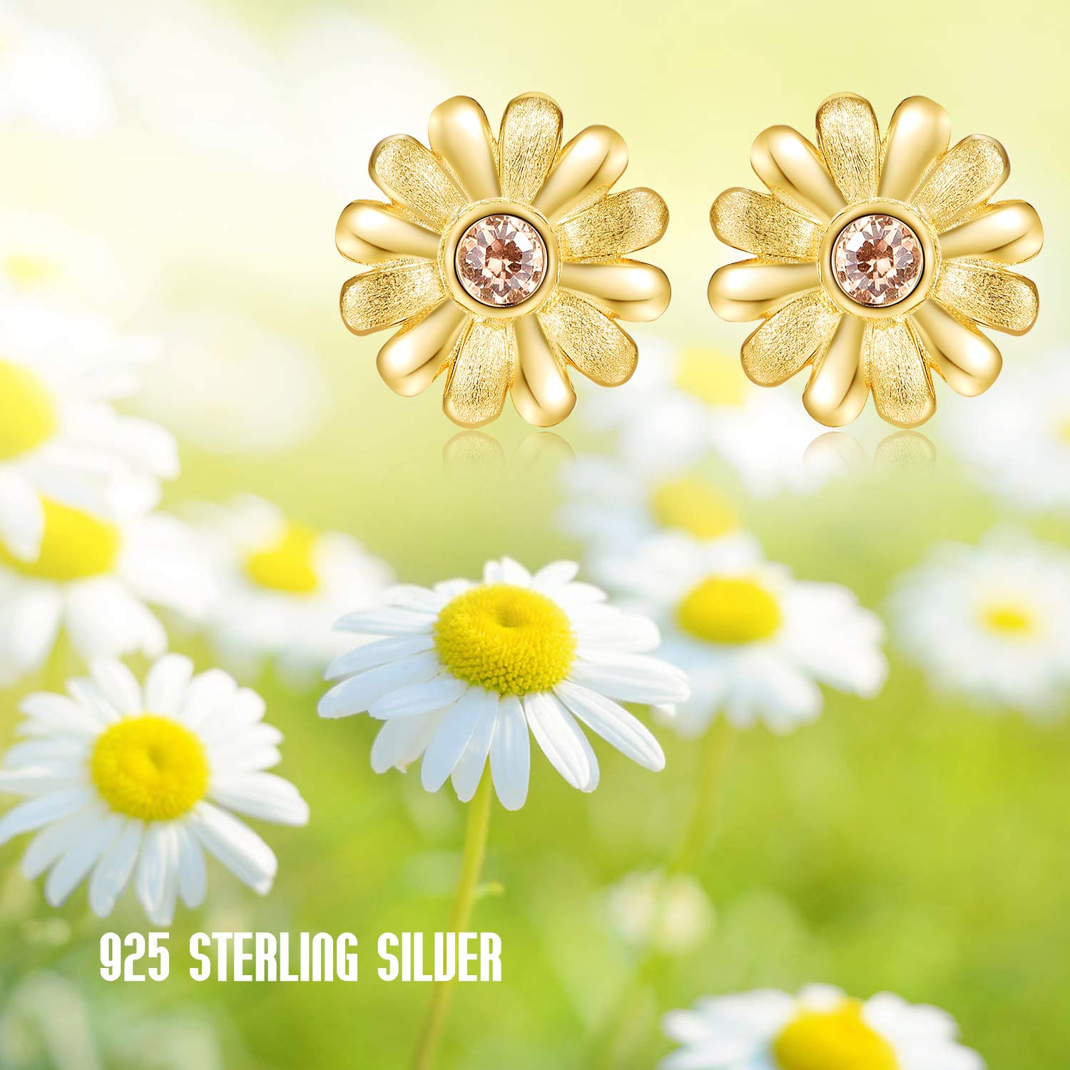 Pendientes de margarita de plata de ley 925 con diseño de margaritas