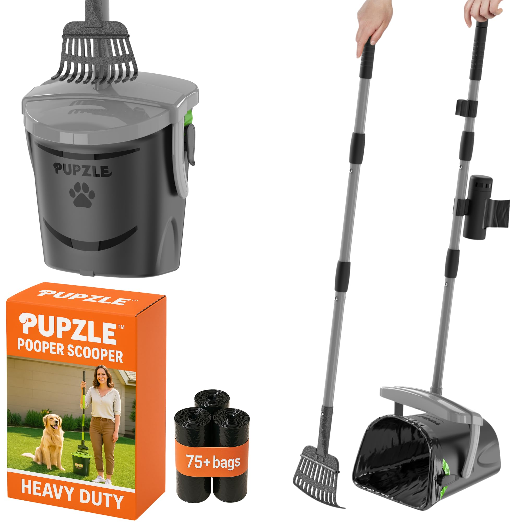 Pupzle Dog Pooper Scooper with Bag Attachment, 39" Long Handle Pooper Scooper for Large Dogs Heavy Duty, Metal Dog Poop Scoop for Yard, Large Capacity Bin and Rake with 25 Waste Bags for Large Dogs