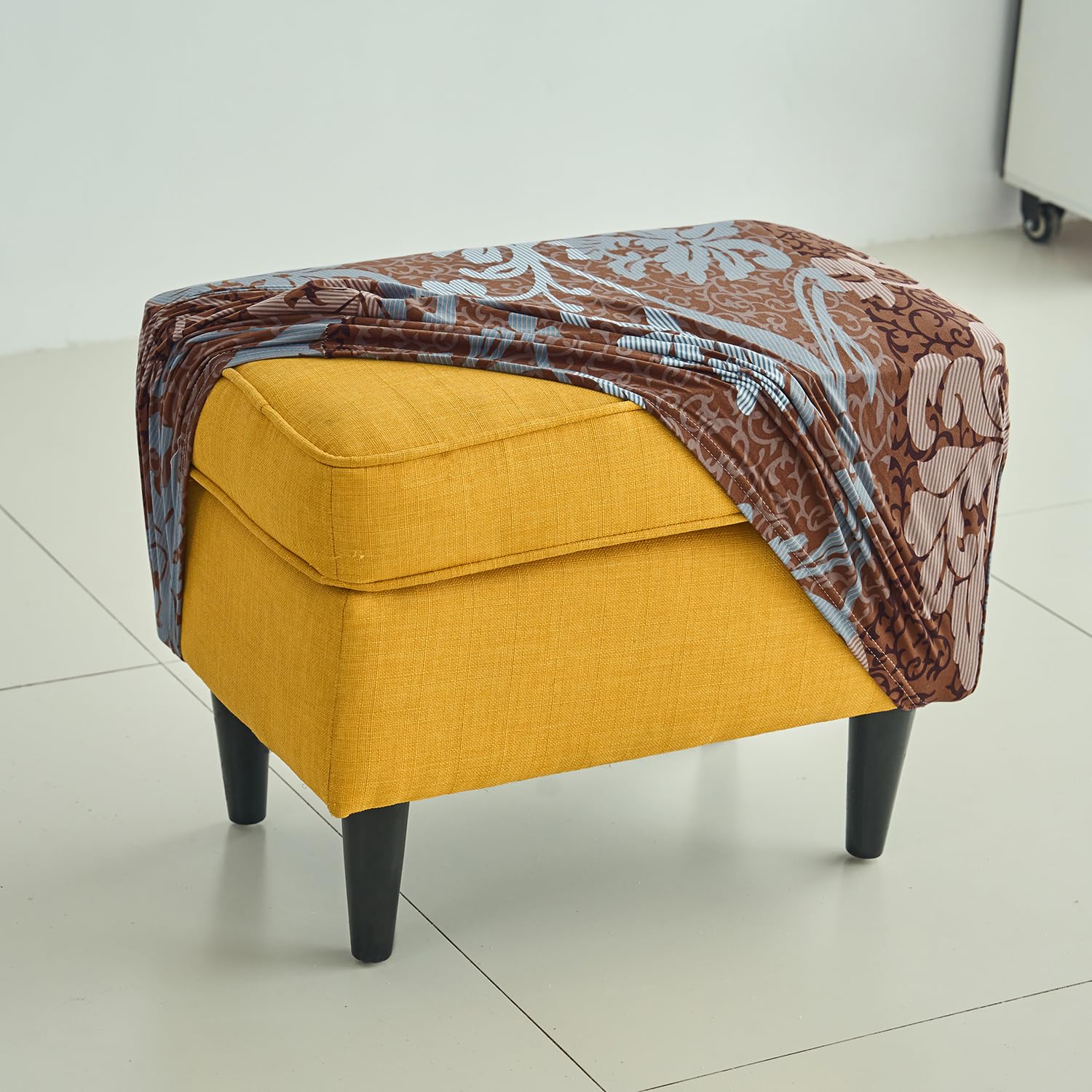 HOKIPO 140 GSM Footstool Cover Ottoman Slipcover, Stretch Fitted, Removable Washable, Rich Chocolate Damask Floral (AR-5134-D12)-image-34