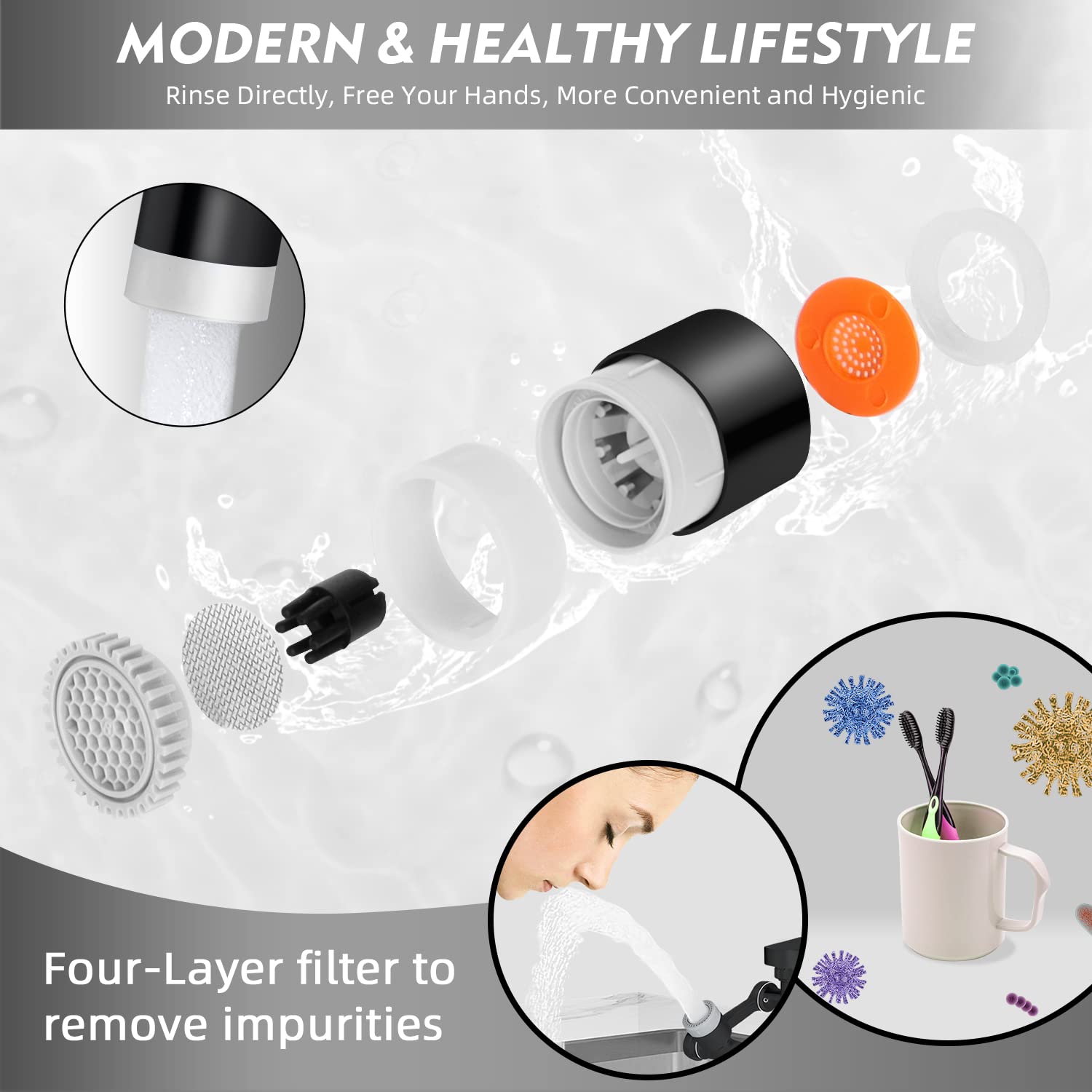 Aireador Grifo Cocina Giratorio de 1080° SELORSS con 2 Modos, Aireador de Grifo de cobre puro, Extensor de Grifo Ahorro Agua, Grifo Universal Cocina/Baño con Filtro de Salpicaduras, Negro (3 Piezas)