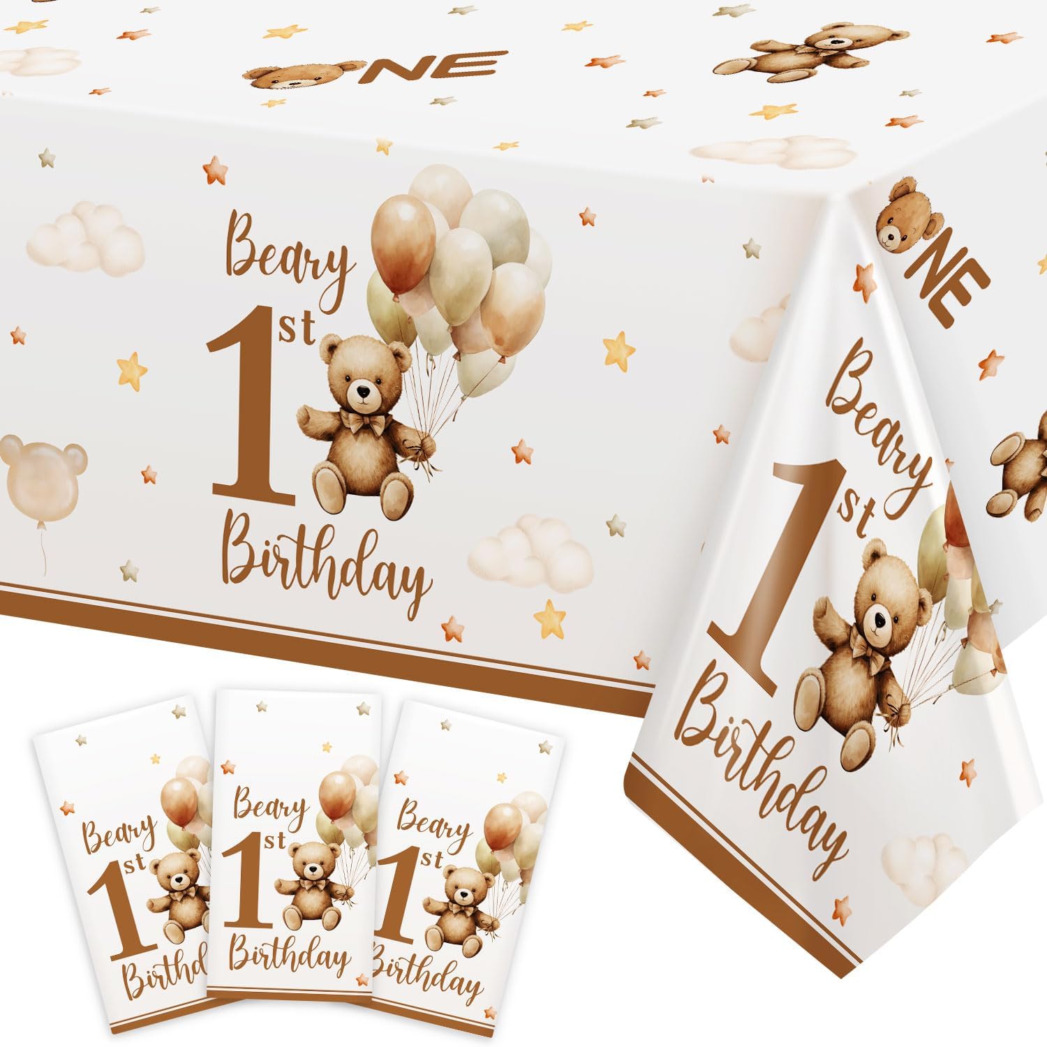 Caisehabu 3 Pcs Beary First 1st Birthday Decorations Tablecloth,Large Size 54 x 108 Inch Rectangular Plastic Tablecloth Brown Teddy Bear One Year Old Party Supplies