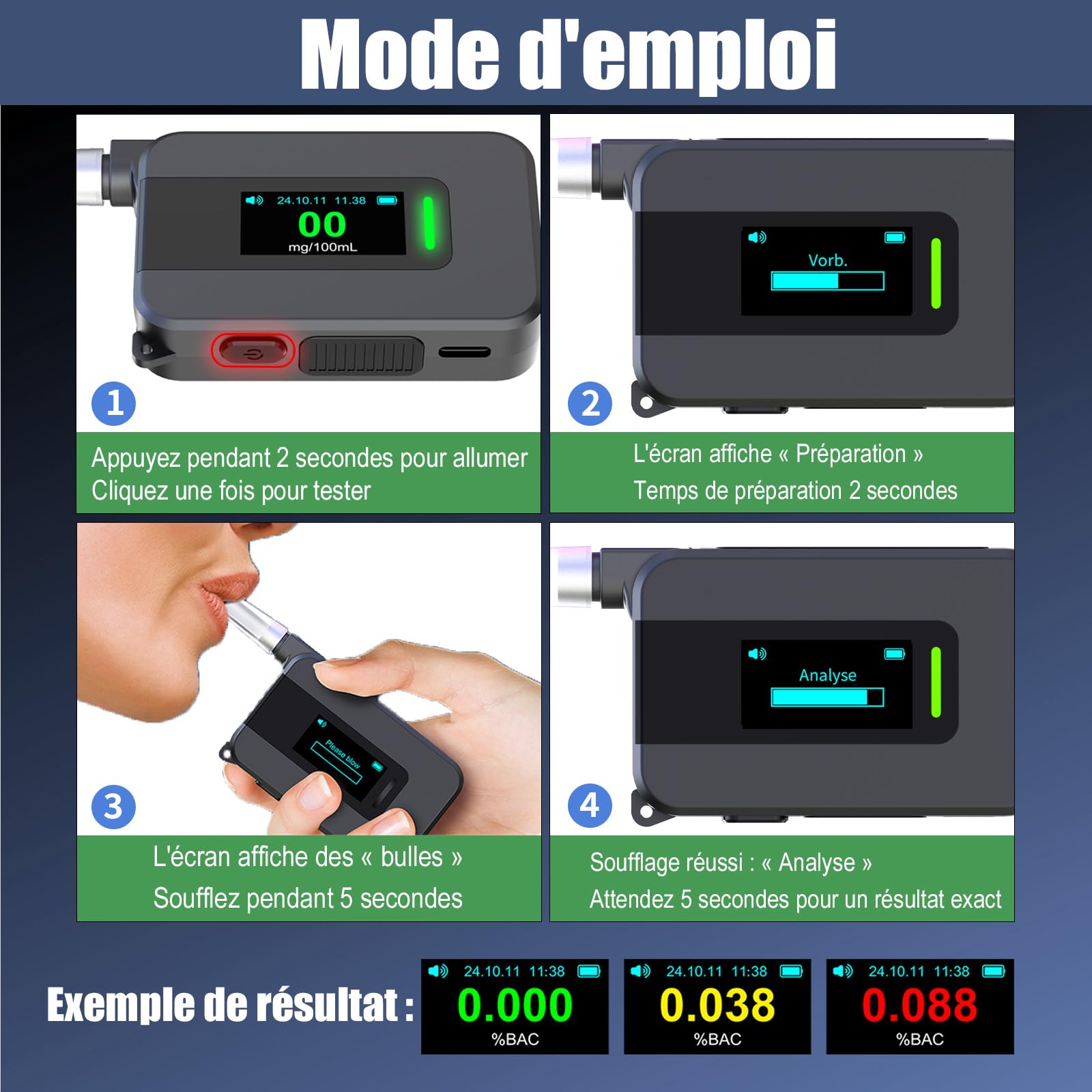 ethylotest electronique avec capteur électrochimique, ethylometre, éthylotest avec 15 Embouts buccaux, alcootest avec écran IPS HD, Comprend Une Batterie intégrée et Un câble de cha
