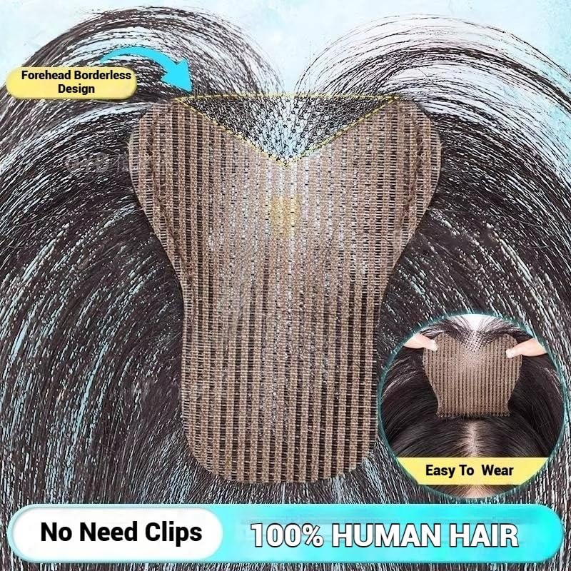 Condition photo showing New/Like New for no clip hair topper for women human hair bangs without clips v-shaped forehead hair piece with t-shaped base 10-inch trimmable air bangs for everyday wear (dark brown air bangs v)