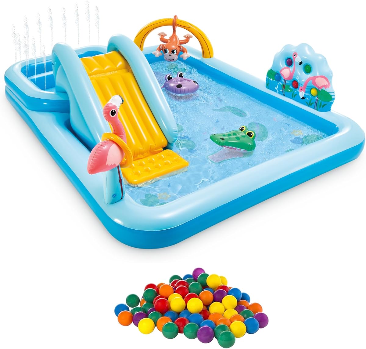 Paquete de parque acuático inflable Jungle Adventure y piscina para niños | 57161EP - Centro de juegos inflable con aspersor y juegos divertidos para niños de 2 años en adelante, minibolas incluidas (paquete de 100)