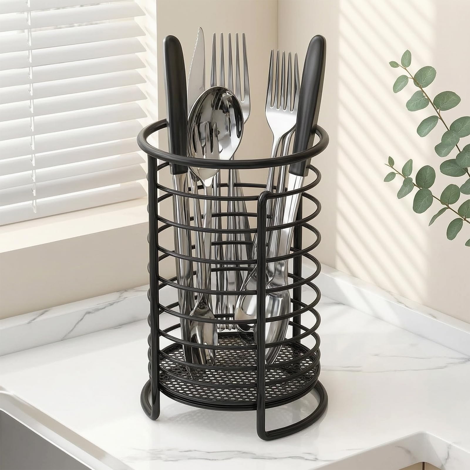 Quoravel Large Capacity Chopstick Basket, Cutlery Drainer with Ventilation Holes, Kitchen Countertop Storage Organiser Black