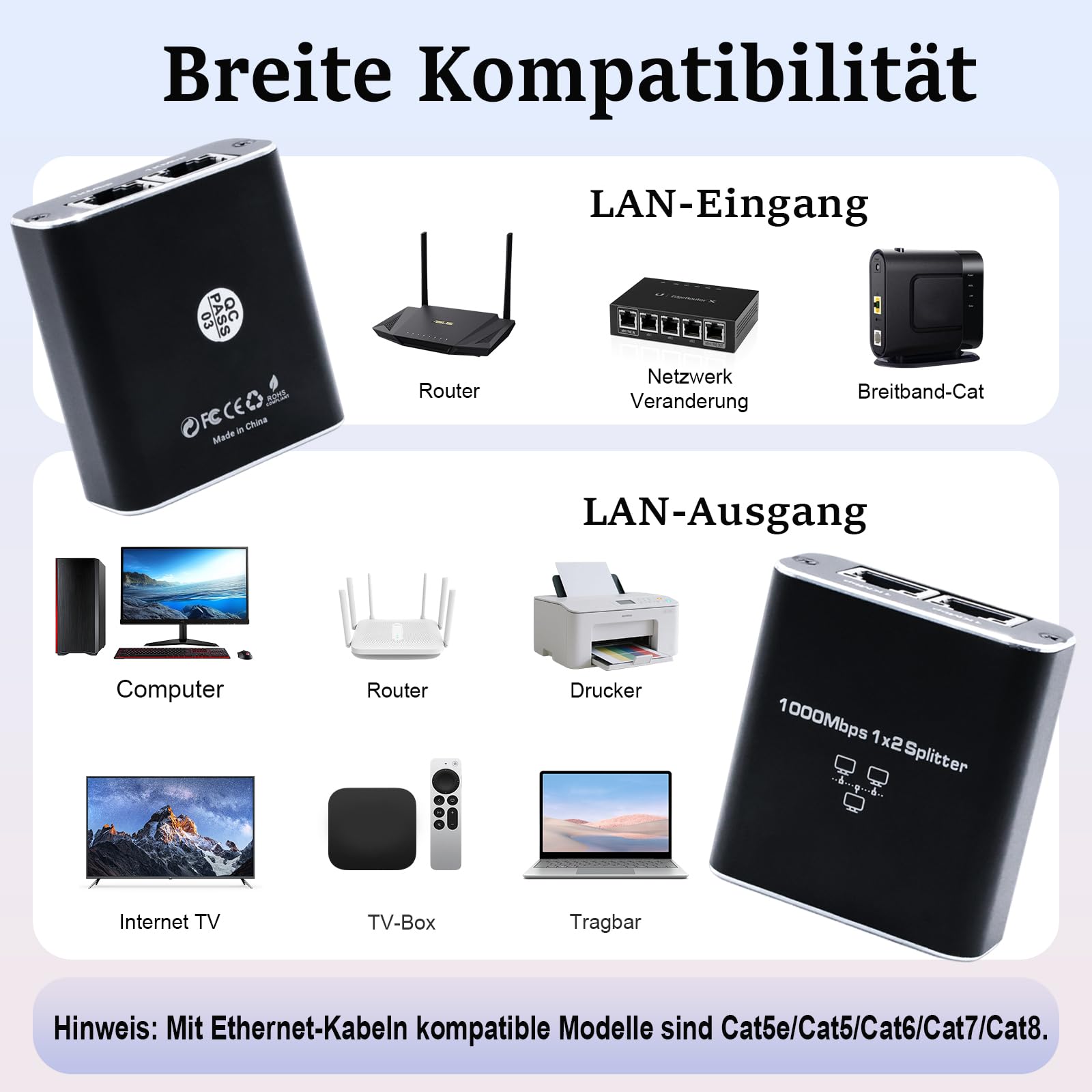 GNUADZ LAN Splitter 1 to 2, 1000 Mbps Gigabit Ethernet Splitter 2 Port with Type-C Power Cable, Aluminum Housing Network Switch for Computer, Hub, Router, Modem, Set-Top Box, Cat 5/5e/6/7/8 - 3