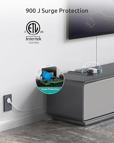 Miniatura 5 de Cable de extensión plano con 3 tomas, cable de extensión corto de 1.5 pies, protector de sobretensiones 900J, certificación ETL, 13A/1625W, enchufe