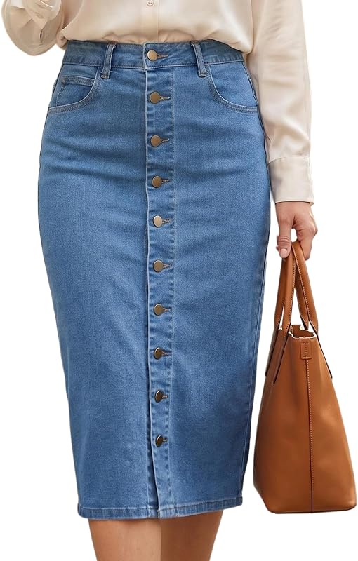 Women's Midi Skirt Button Down Centre Slit Denim Skirt