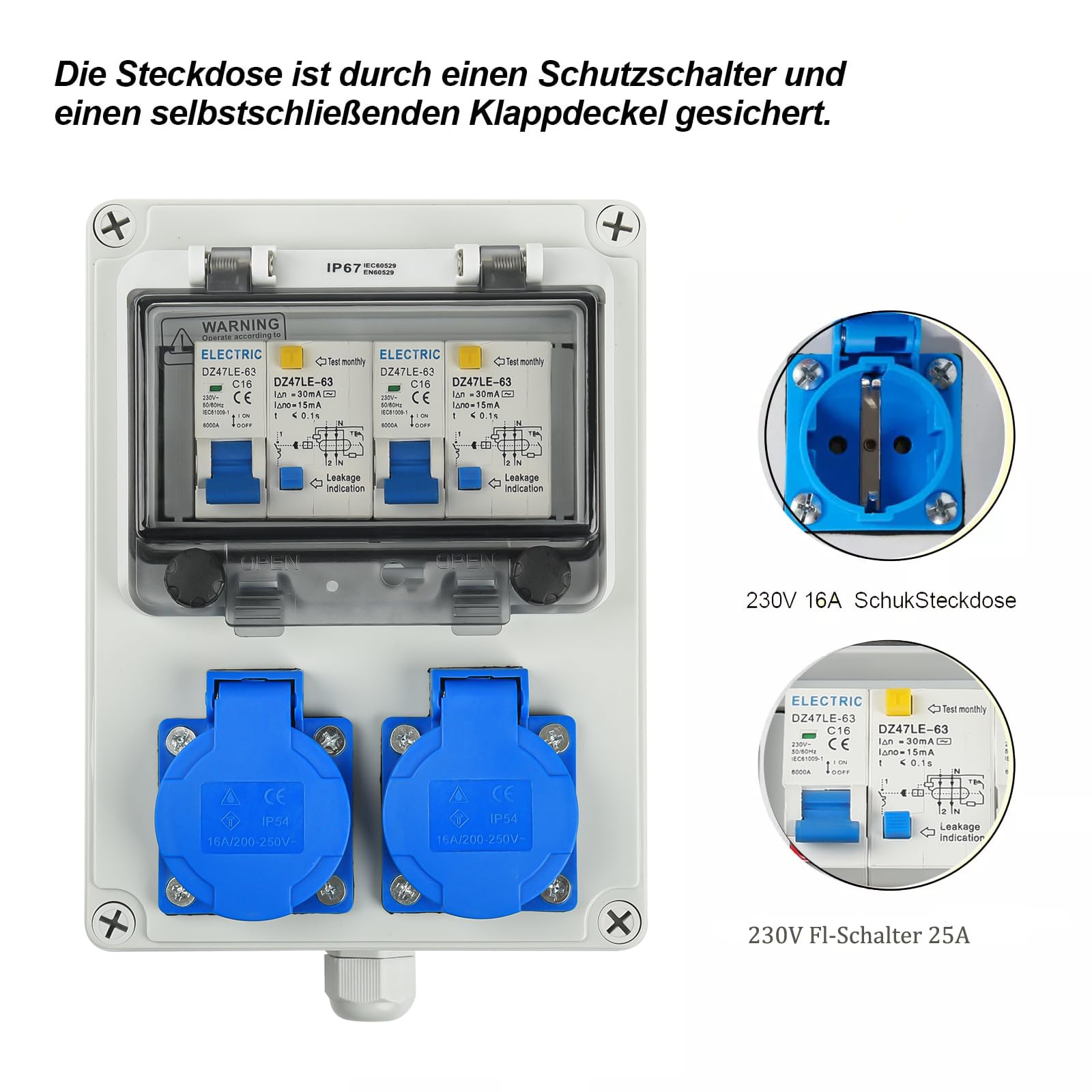 Baustromverteiler Wandverteiler Schuko CEE Steckdose Stromverteiler, 2x 16A 230V Bals Steckdose, 2x Fl-Schalter 25A 2-Polig