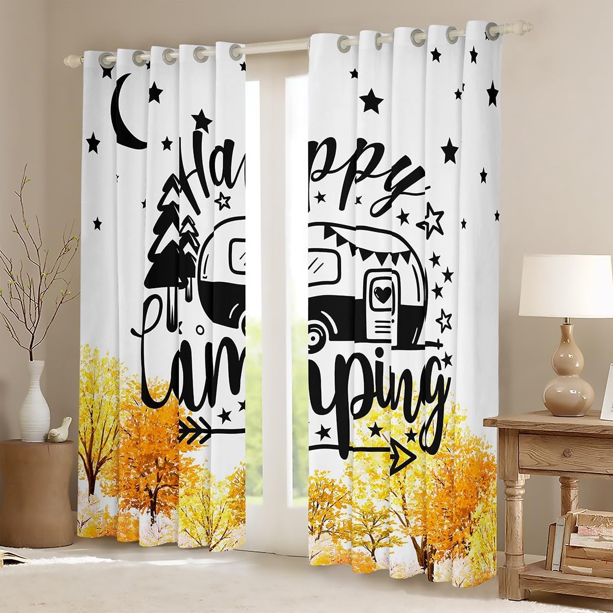 Happy Camping Window Curtain,Cartoon Stars Camper Car Curtains for Kids Girls Boys Woman RV Room Decor,Fall Style Tree View Window Treatment Curtain Watercolor Yellow White Window Drapes,42Wx90L
