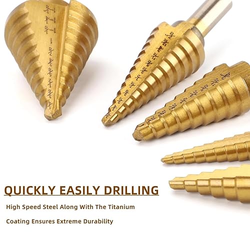 Miniatura 5 de Juego de 5 brocas escalonadas con punzón central automático, brocas de acero de titanio HSS de alta velocidad, 50 tamaños para metal, aluminio,