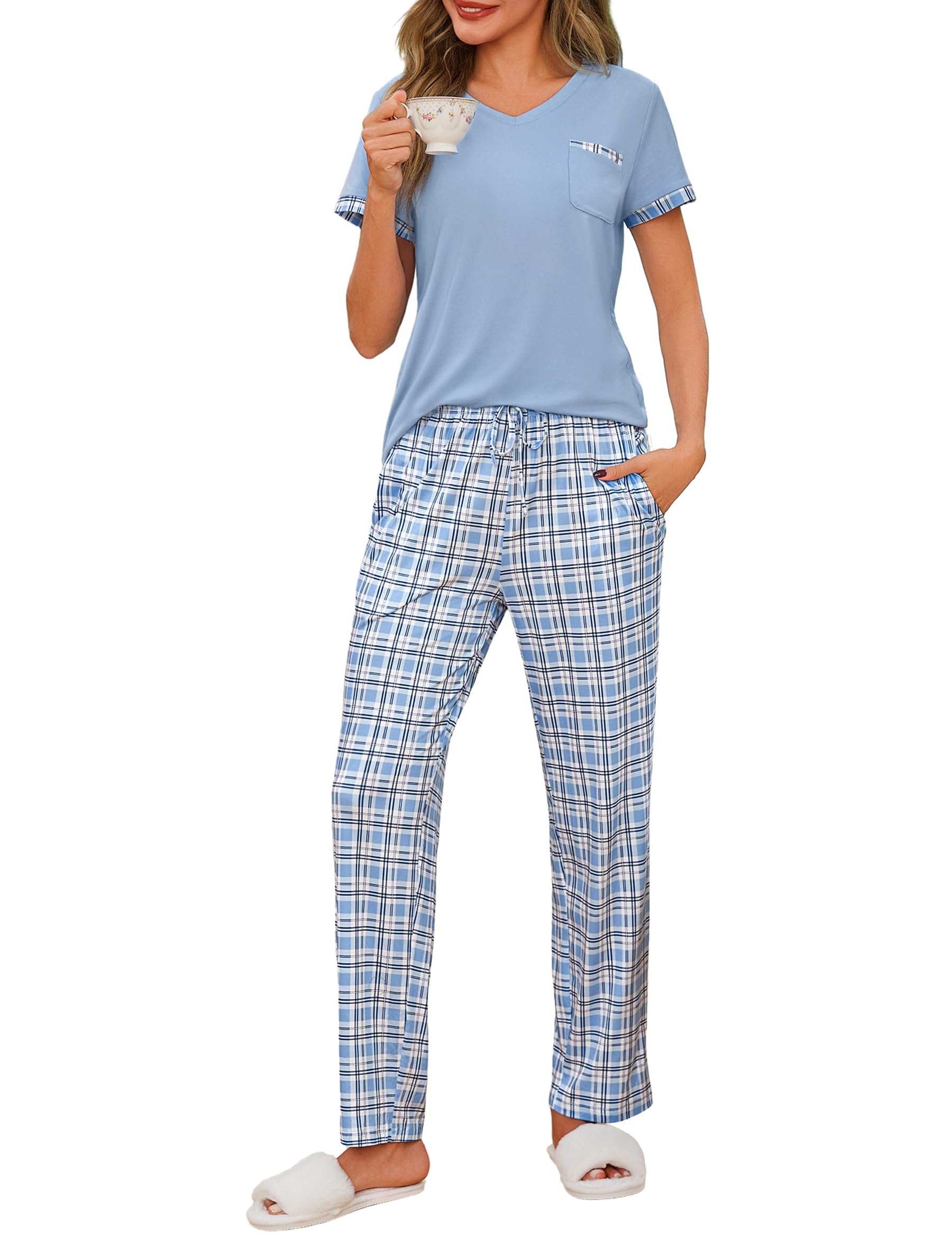 Jahetuul Schlafanzug Damen Kurzarm Karierte Schlafhose lang Pyjama Damen Sommer Schlafanzüge für Damen Nachtwäsche Frauen Pijamas