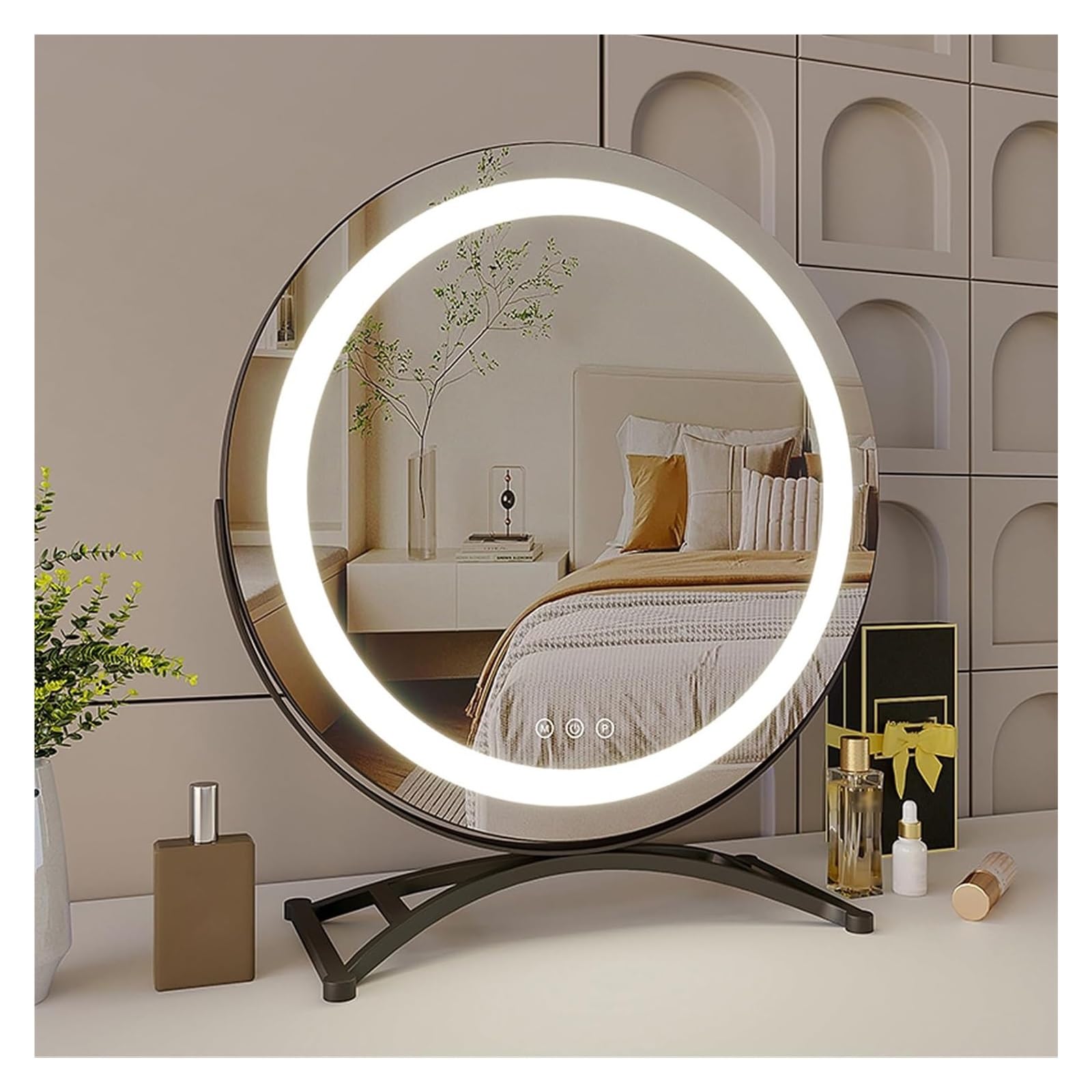 30cm-50cm Makeup Mirror With Light Round Vanity Desk With 360° Rotation, Smart Touch Screen, Dressing Table(Black,50cm(19.6in))