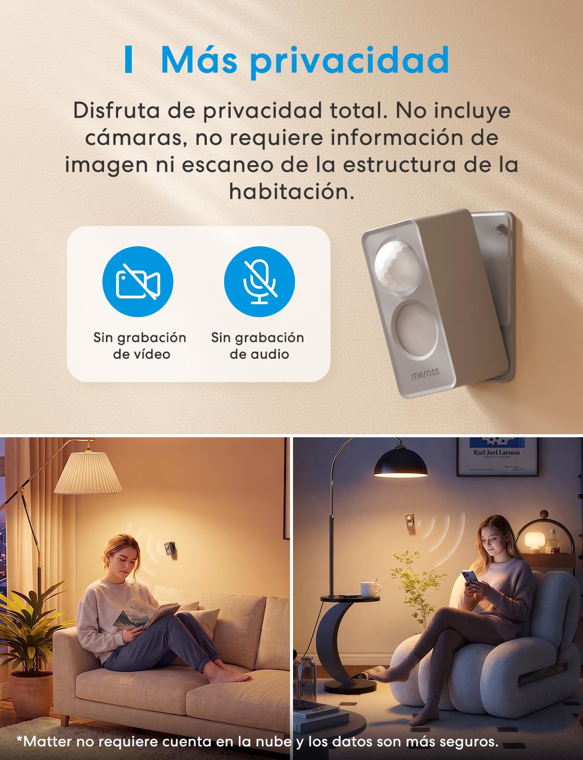 Meross Detector de Presencia Matter Over Thread, Sensor de Movimiento y Presencia con Radar mmWave + PIR + Luz, Detección de 3 Zonas, Compatible con Home Assistant, HomeKit, Alexa y Google Home