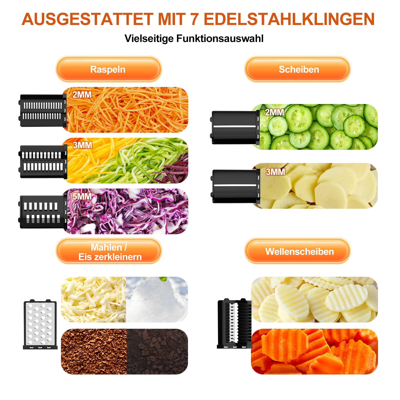 7-in-1 Gemüseschneider Elektrisch, Multifunktional Elektrisch Käsereibe | Gemüsereibe mit 7 Edelstahlklingen, Ein-Knopf Schneidemaschine für Käse Gemüse Obst & Nüssen