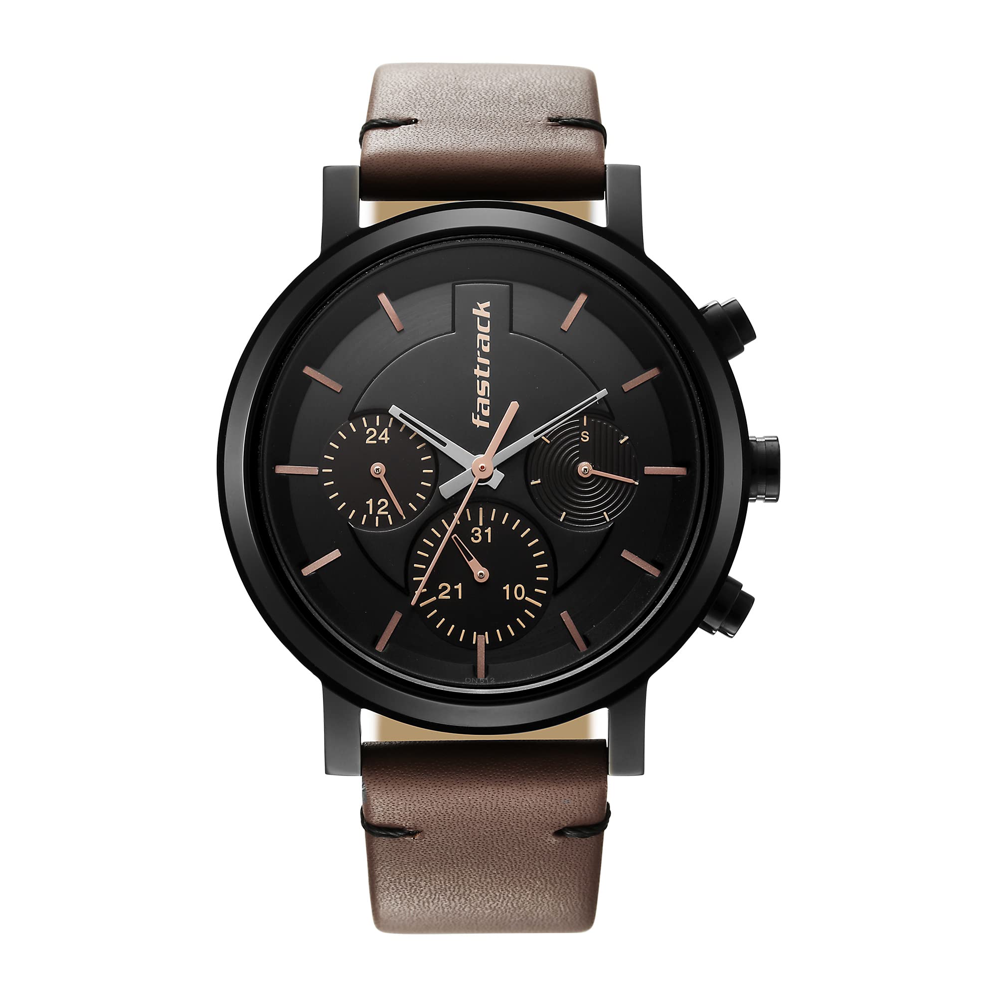 Fastrack Tick Tock Quartz Multifunction Black Dial Brown Leather Strap Watch for Guys – NT3287NL01
