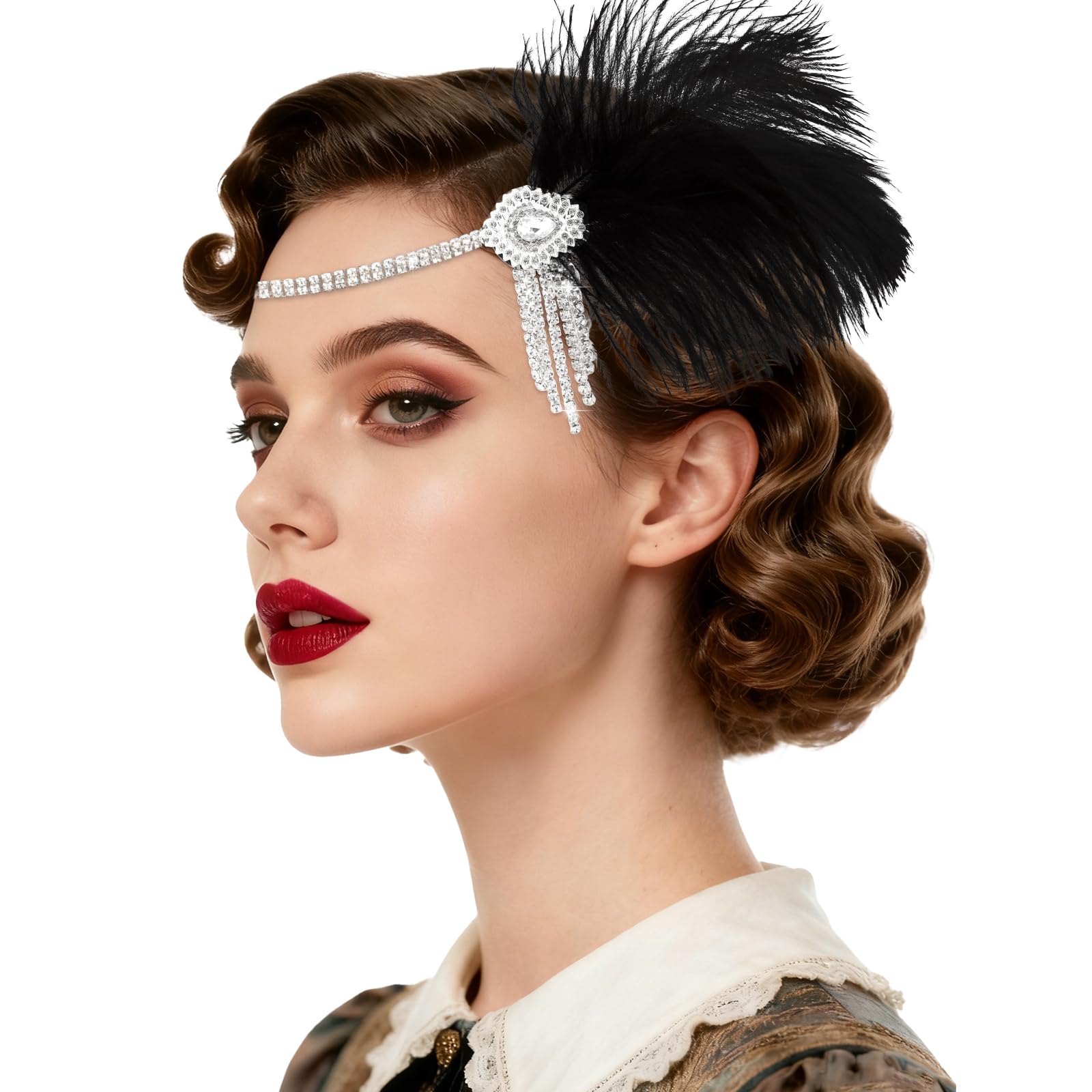 WHAVEL 1920s Flapper Feather Headband Great Gatsby Headpiece for Women Black Roaring 20s Flapper Inspired Leaf Medallion Crystal Headband Cocktail Party Prom Hair Decorations