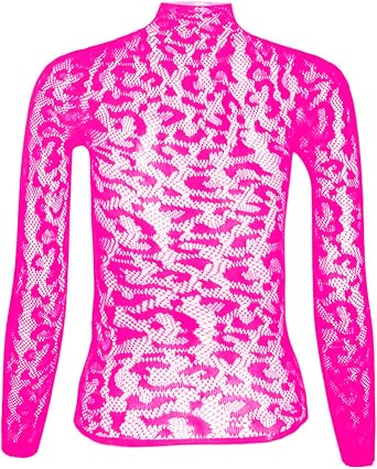Women Sexy Leopard Print Lace Tops, Cheetah Patterned Long Sleeve Fishnet Mesh Bodycon Rave Party Shirts
