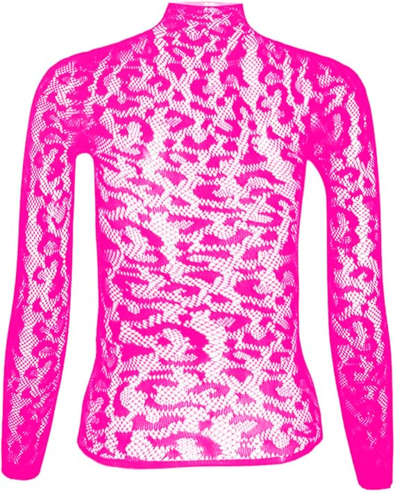 Women Sexy Leopard Print Lace Tops, Cheetah Patterned Long Sleeve Fishnet Mesh Bodycon Rave Party Shirts