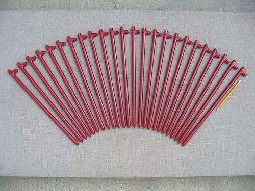 Un paquete de 24 estacas de metal resistente. 18 pulgadas de largo. Acabado esmaltado al horno rojo