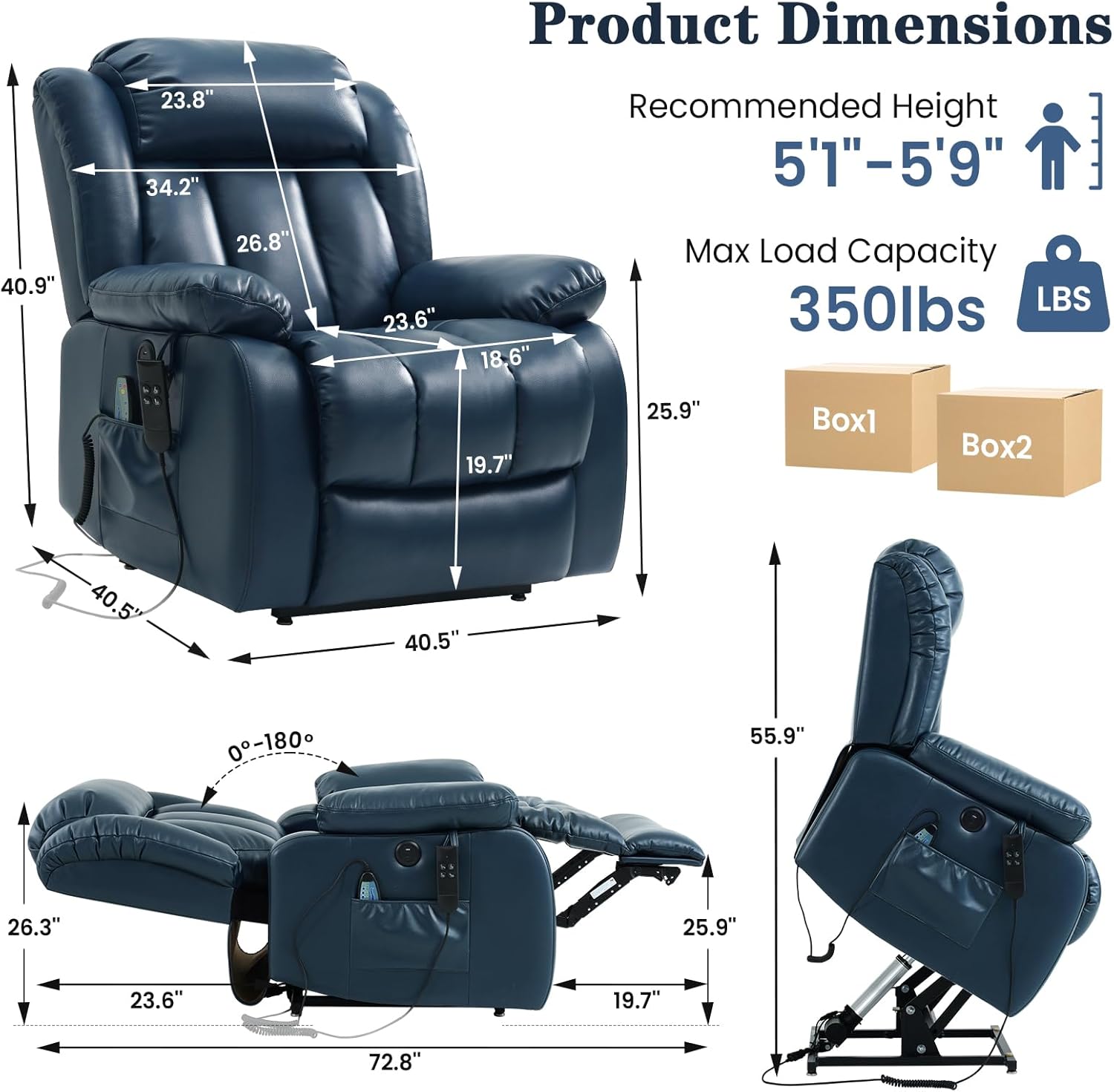 Lift Recliner Chair, Dual Motor Infinite Position Lay Flat Lift Chairs with 8-Point Massage & Heat,USB/Type-C Ports, Dual Remote Control,Heavy Duty 350lbs Capacity, Width 18.6" (Leather, Dark Blue)