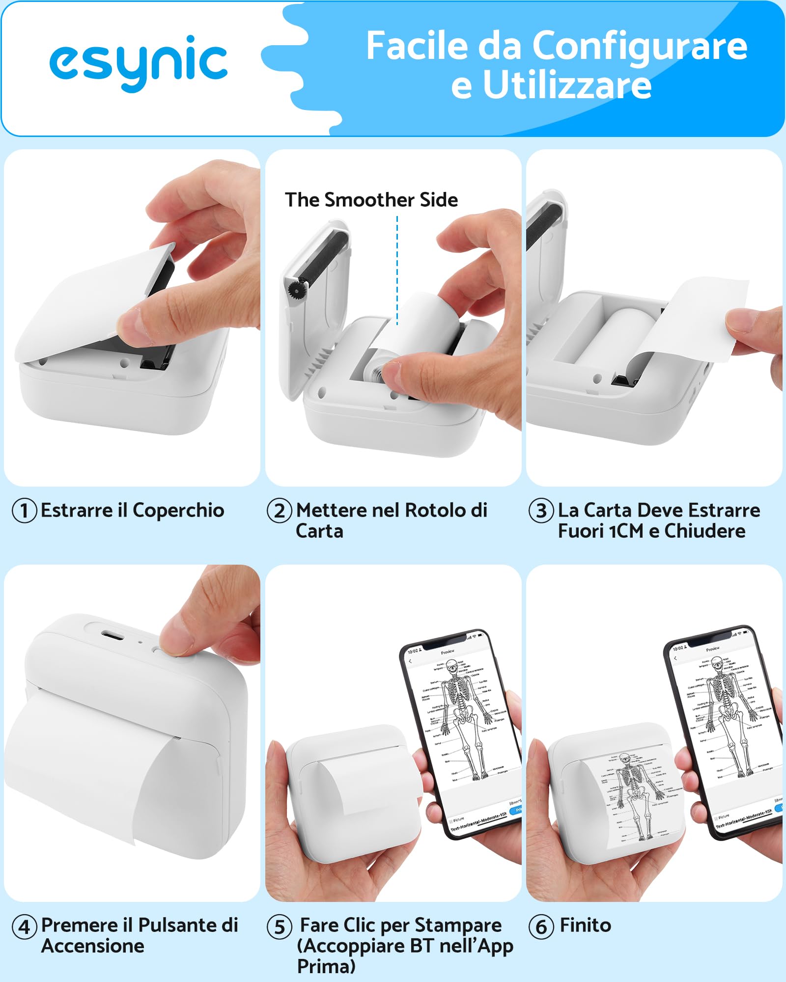 eSynic Mini Stampante Termica Portatile Bluetooth Ricaricabile Bianco con 10 Rotoli Carta e 6 Pennarelli