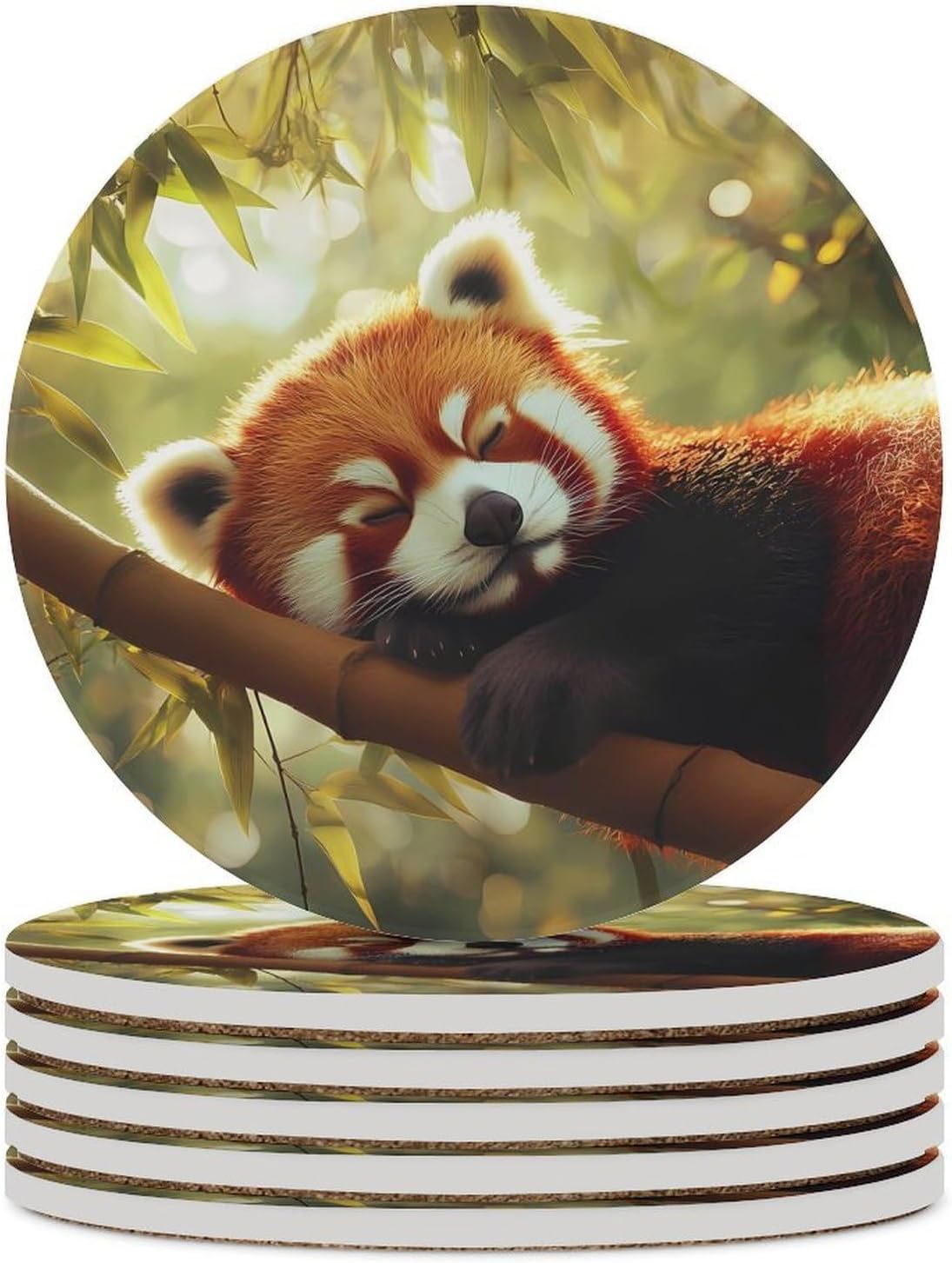 Raccoon Red Panda Coasters for Drink Round Ceramic Coaster with Cork Base Home Decorative 6PCS