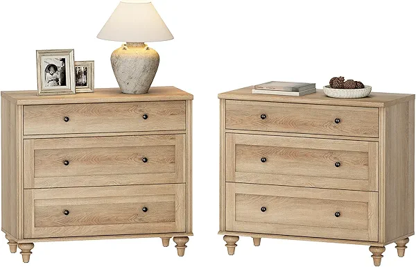 WAMPAT Farmhouse Nightstand with 3 Drawers, Set of 2 Large 3 Drawers Wood Bedside Table Night Stand, Wide Sofa Side End Table Chest of Dresser for Living Room, Bedroom, Oak, 34 inch
