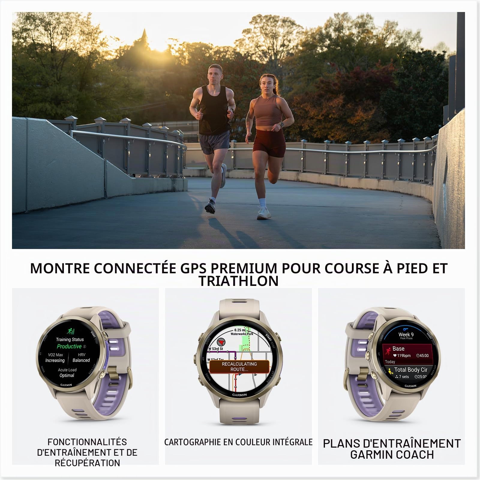 Garmin® Forerunner® 970 Montre Intelligente GPS de Course et de Triathlon avec écran AMOLED, Lampe de Poche LED intégrée, Titane doré Doux avec boîtier Gris français et Bracelet Gris français/Indigo