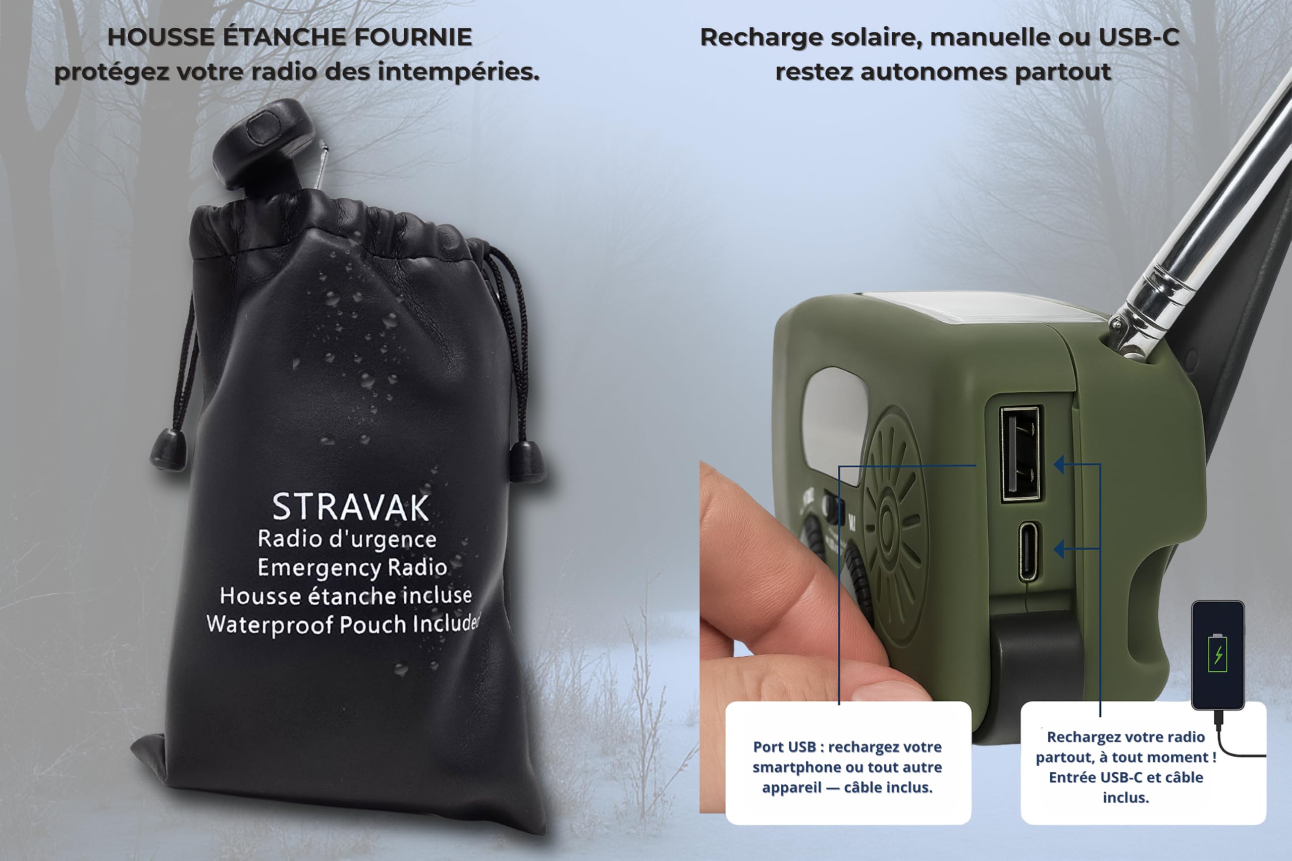 Radio d’Urgence et de Survie Solaire à Dynamo, Lampe Torche LED Puissante, Batterie 2000 mAh USB-C, Alarme de Détresse, Chargeur de Téléphone, Pochette Étanche.