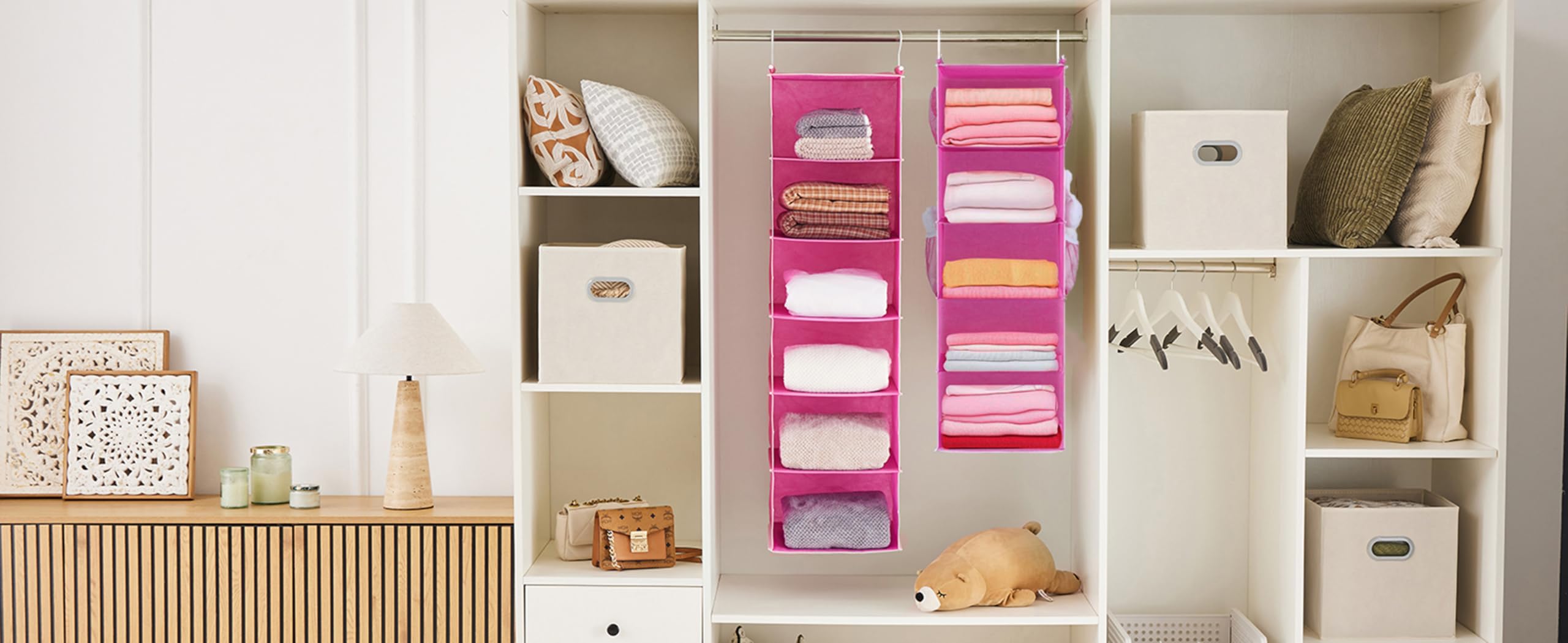 MAX Houser Organizador de armario colgante de 5 estantes, estantes de almacenamiento colgantes con 4 bolsillos laterales, ahorro de espacio para dormitorio, plegable (rosa)
