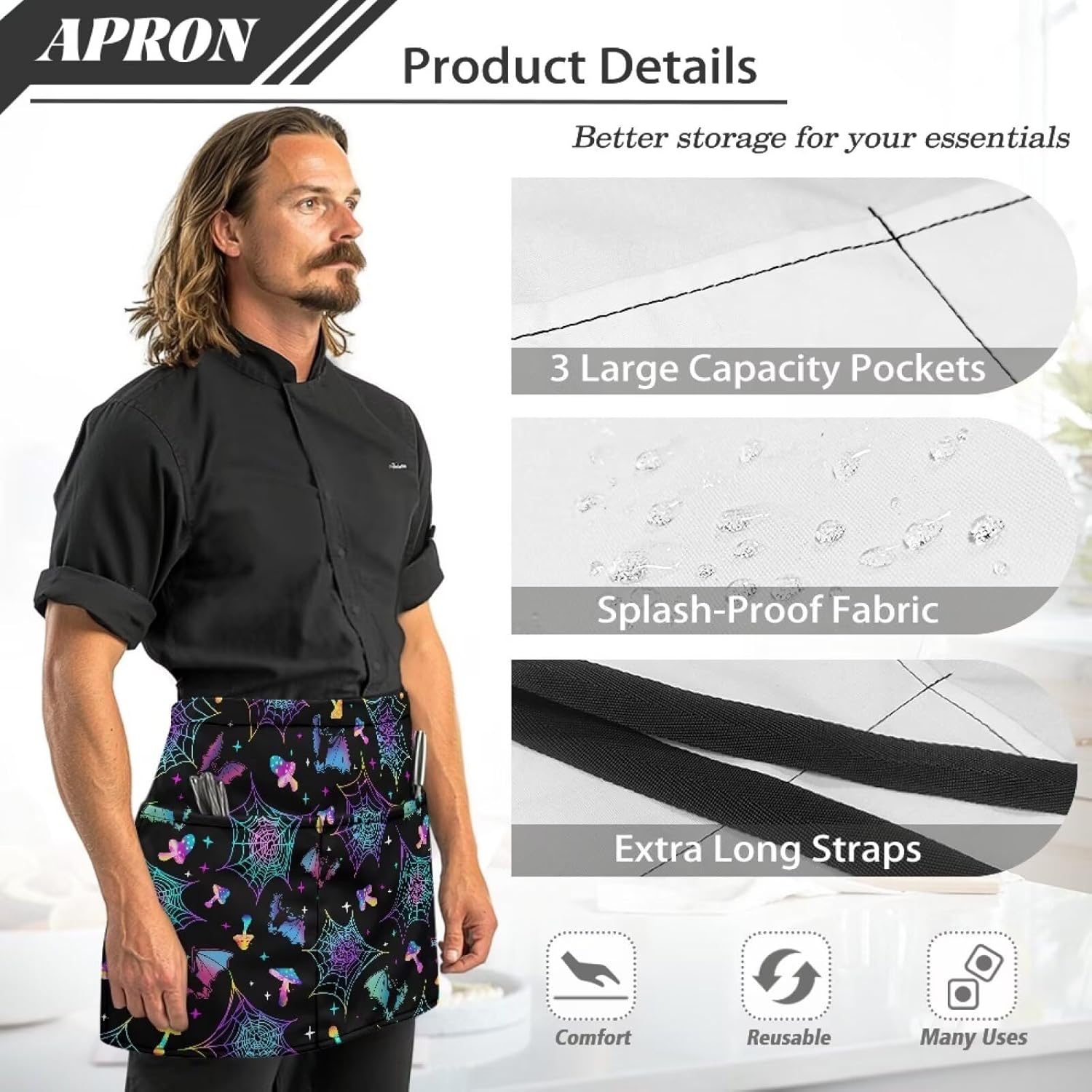 doginthehole Half Waist Apron with Pockets Server Aprons for Women Men Waiter Waitress Aprons for Kitchen Restaurant