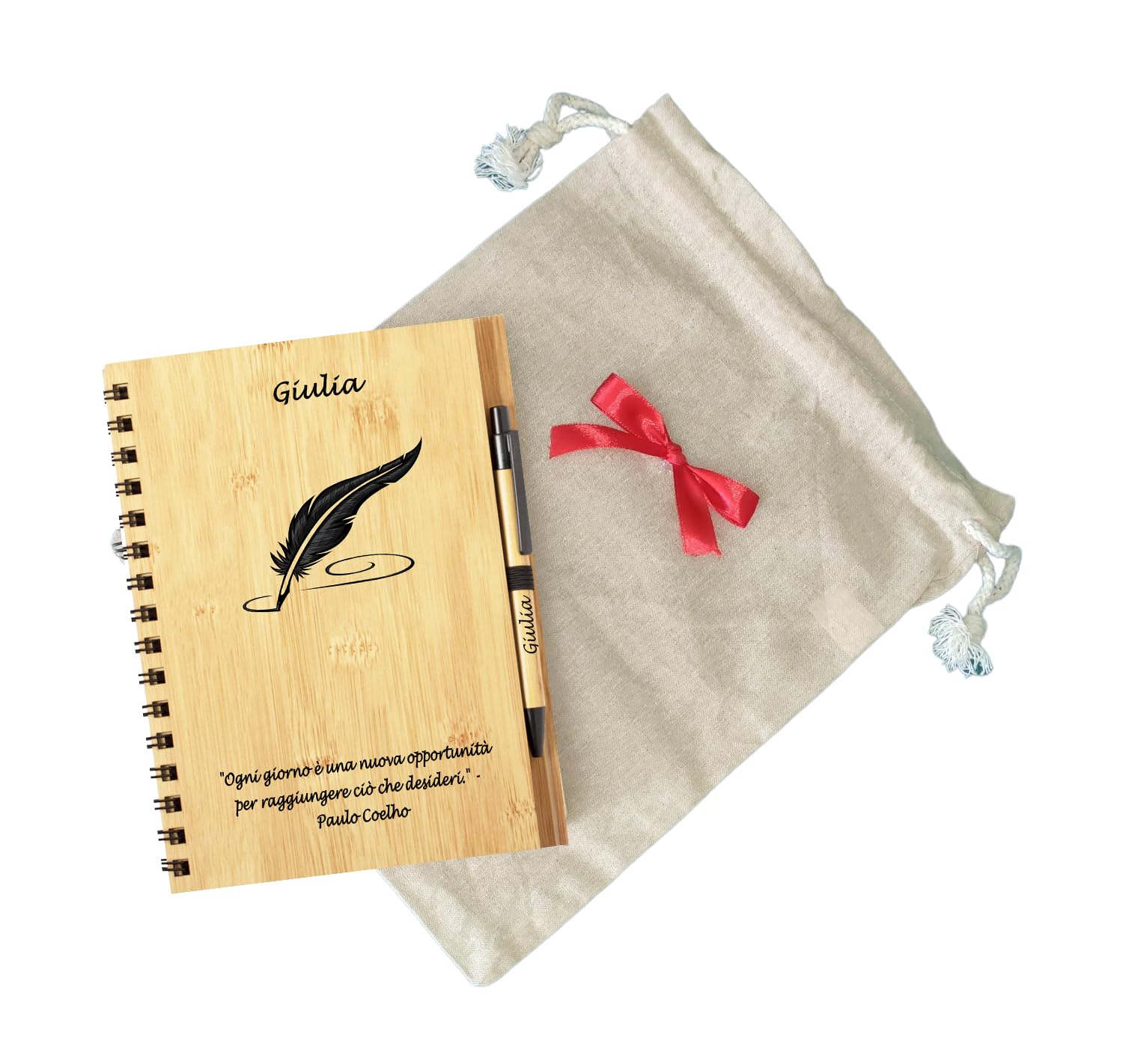 Taccuino Agenda e Penna Personalizzate a Sfera Legno Bambu' con Incisione Nome Regalo Laurea Comunione Compleanno con Scatola Bomboniera per Cerimonia Regalo Maestra Natale