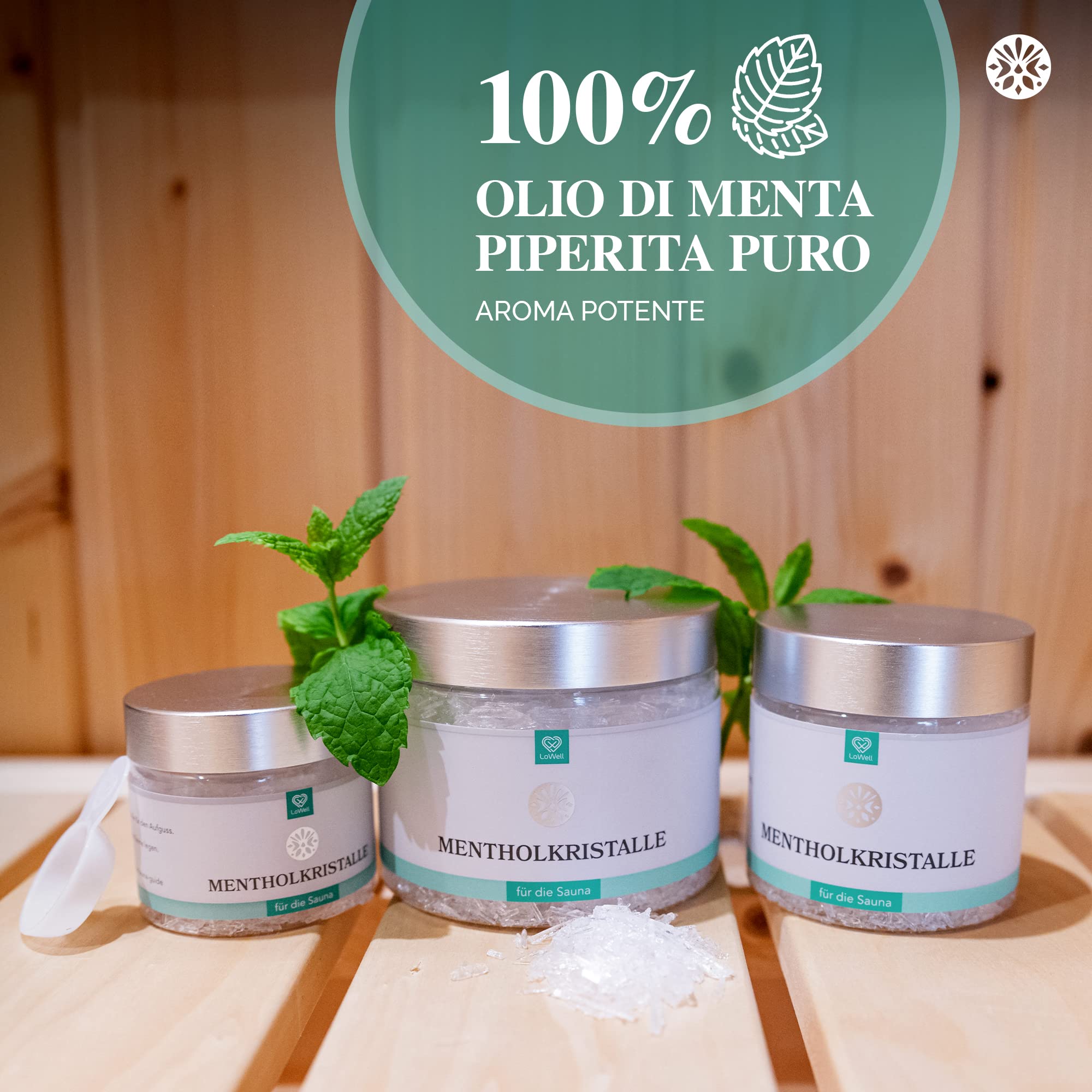 LoWell® 100g Cristalli di mentolo 100% menta pura - Ideale come infuso per la sauna in barattolo richiudibile - Mentolo