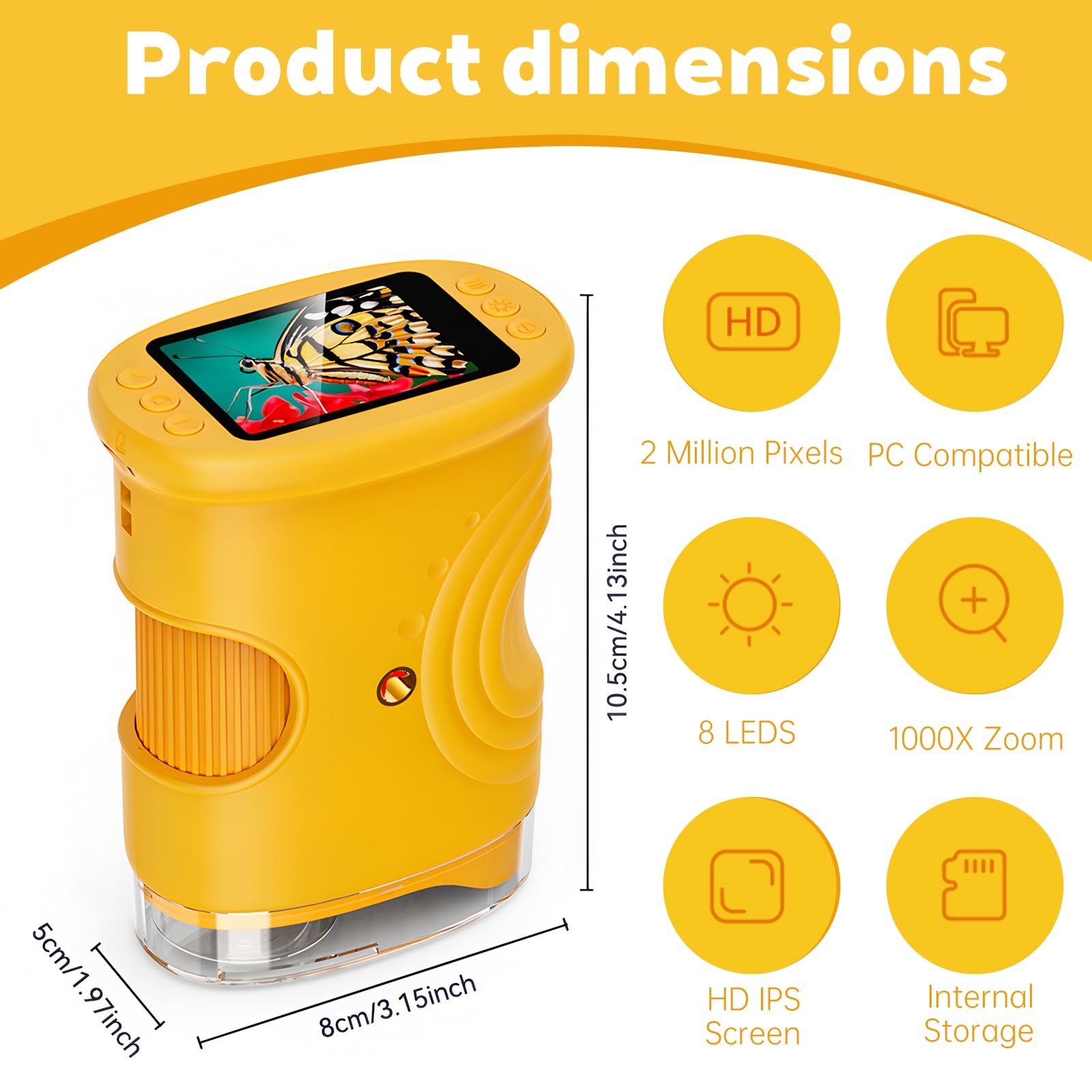 Mikroskop für Kinder, 1000x Digital Mikroskop, Taschenmikroskop Experimente für Kinder ab 6, Kindermikroskop mit 8 LED-Beleuchtung, 2,0" IPS-Bildschirm, USB-Ladefunktion inkl Fotofunktion, Gelb
