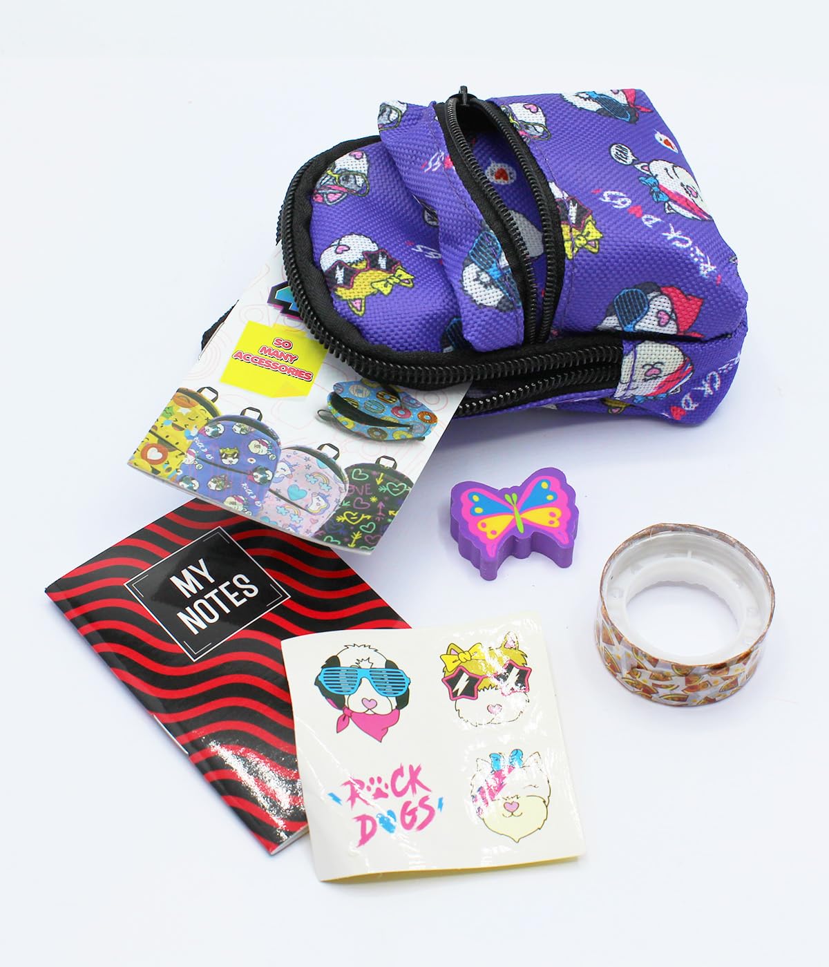 Joy Toy 37962 Bagz4Fashion 9 x 5 cm Mini 5 różnych artykułów piśmienniczych wewnątrz plecaka 7 x 5 x 10 cm, kolorowy