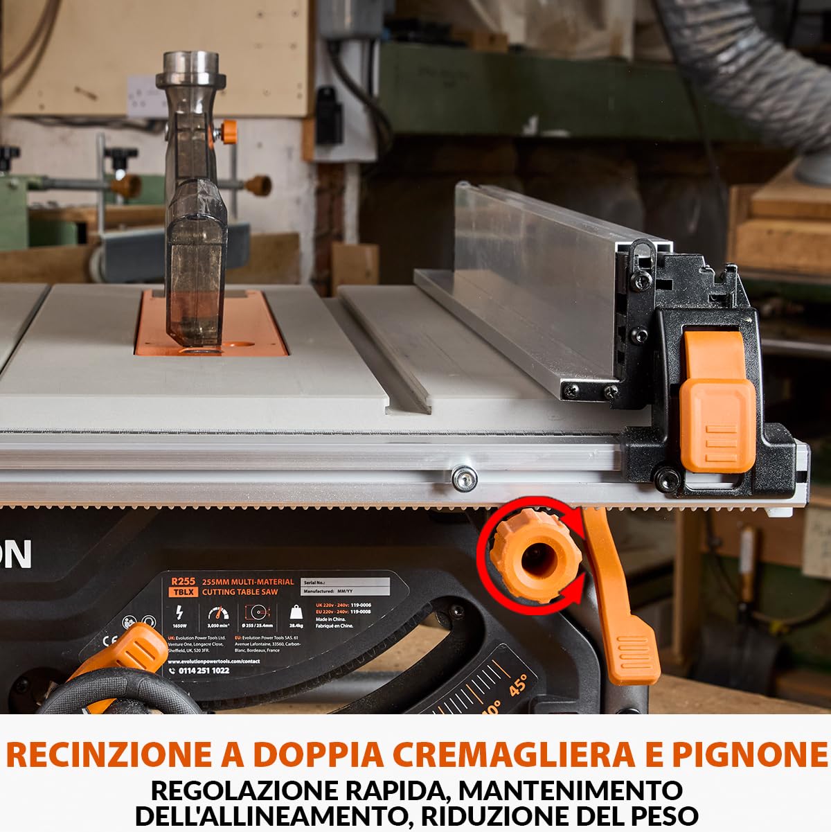Evolution Power Tools R255TBL Sega da banco (La prossima generazione Rage 5-S) Lama da taglio multimateriale Taglia legno metallo plastica, smusso a 45°, angolo obliquo +/- 60°, 1650 W