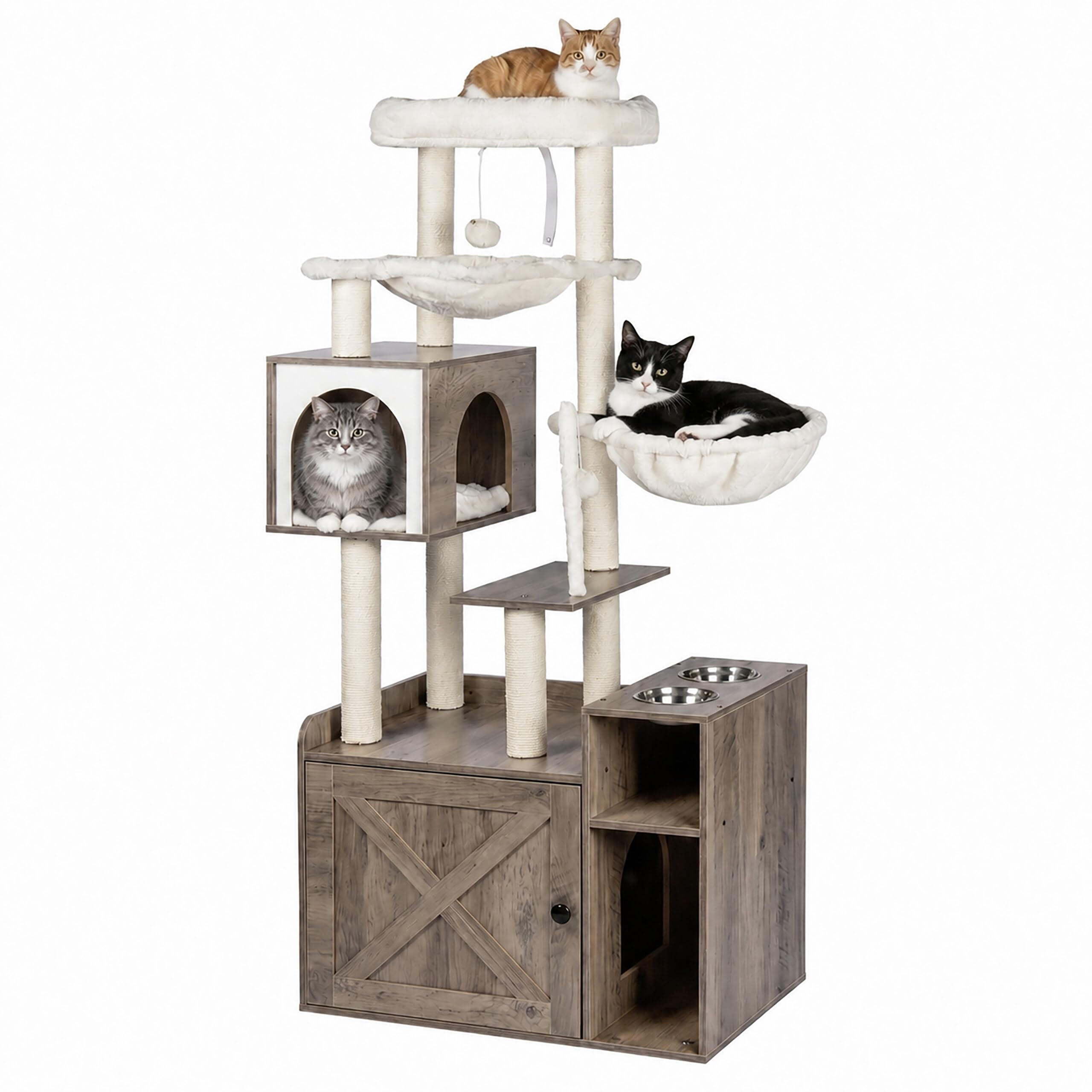 Relaxdays rascador, Mueble arenero y comedero, 144x71x45,5 cm, marrón Claro | postes de sisal, cesta, efecto madera