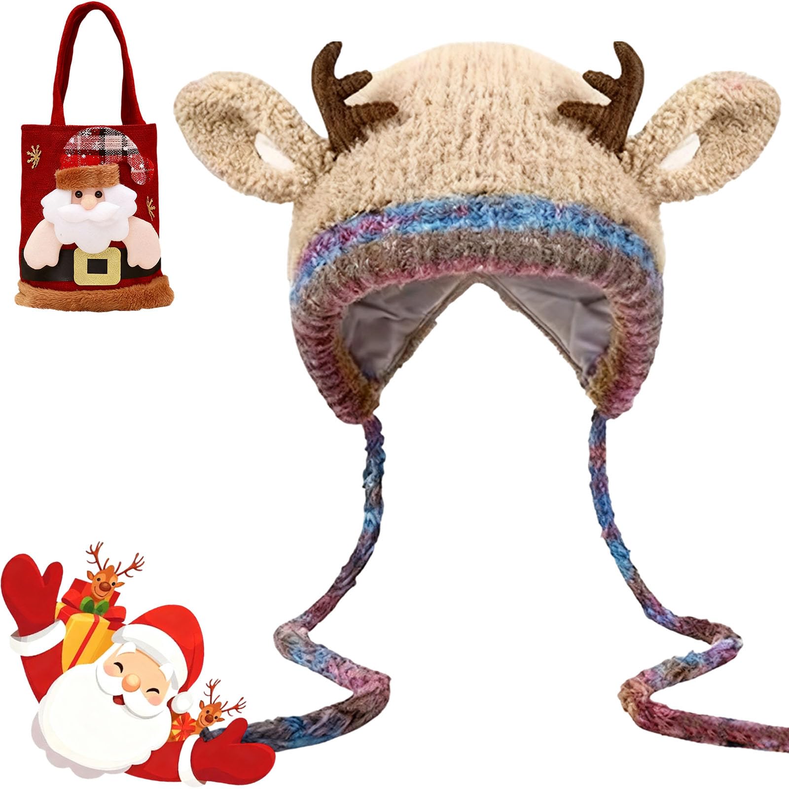 2025 New Festive Christmas Antler Hat, 2-in-1 Winter Knitted Ear Protection Windproof Warm Hat - Deer Storage Cap