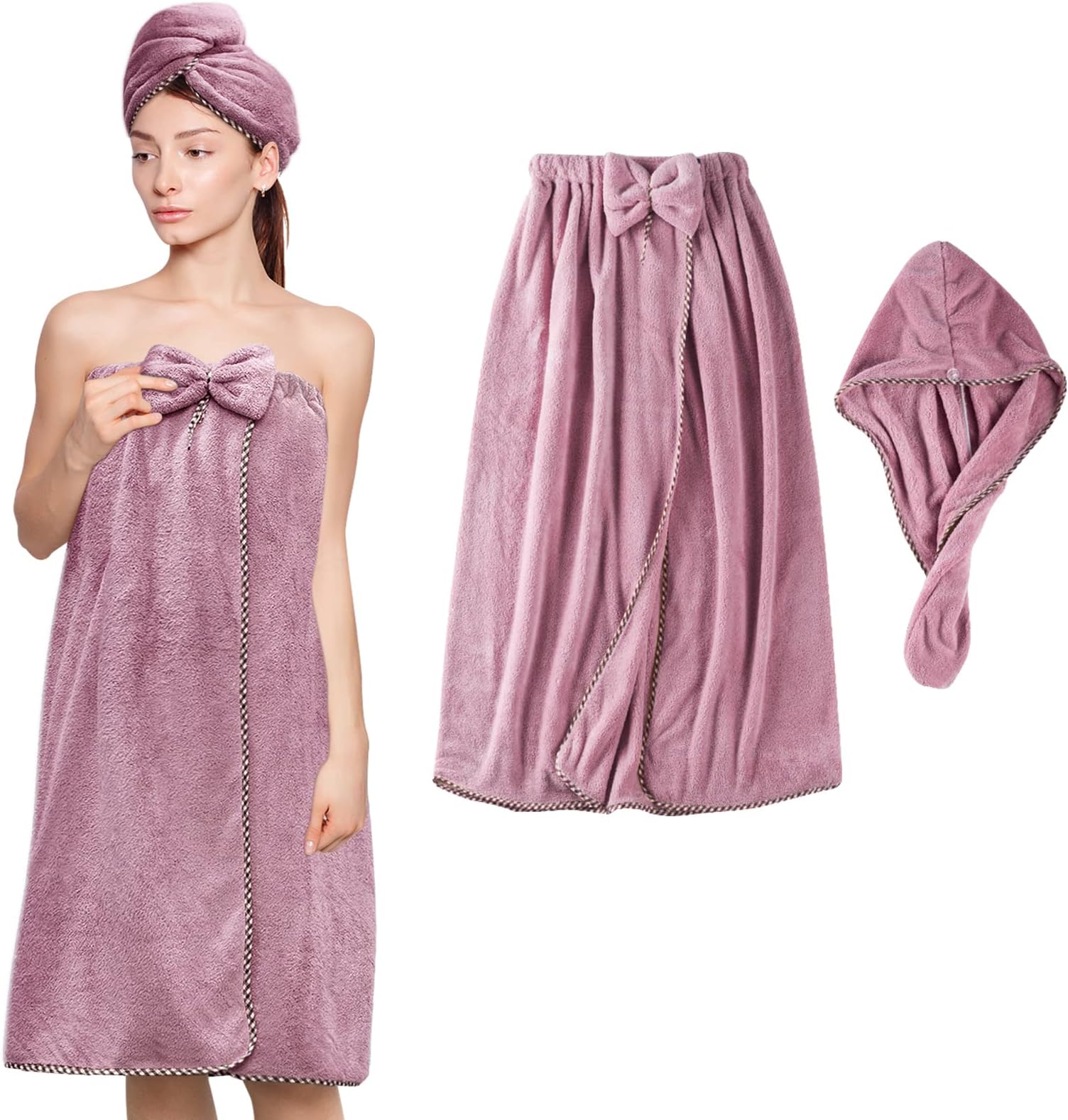 KOIKEY Women Microfiber Bath Towel Wrap - Adjustable Soft Body Wraps Dress with Hair Towel for Shower After Body and Head Cover, Super Absorbent to Quick Drying Hair and Body, Purple