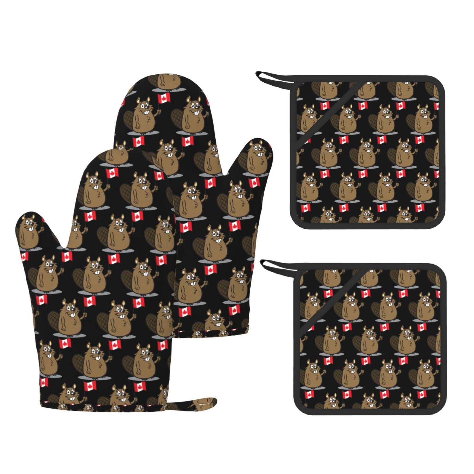 Beaver Printed Potholder and Oven Mitt Set of 4, High Heat Resistant Cooking Gloves for BBQ Grilling