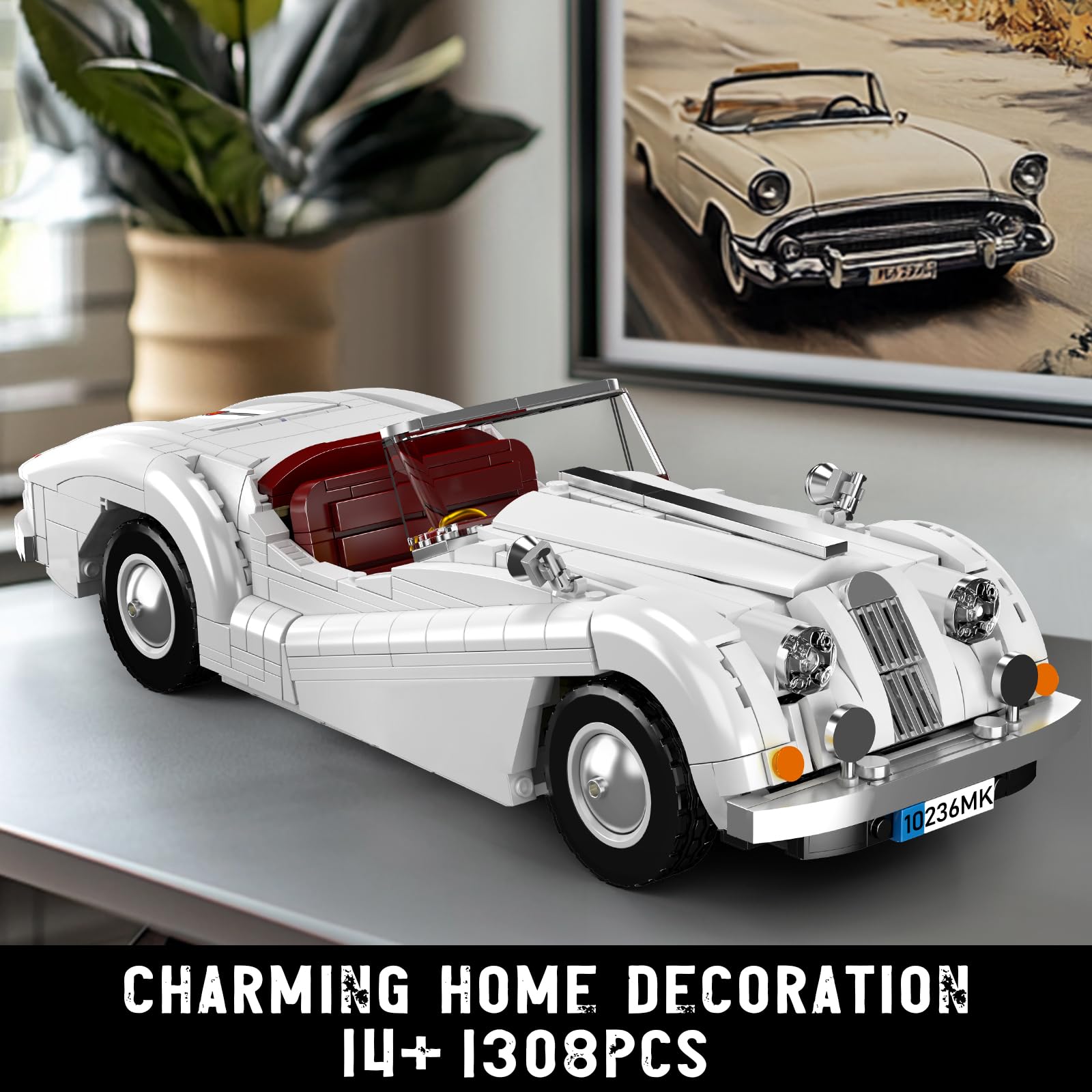 Mould King 10236 MOC Technik Vintage Kabriolet Sportwagen Modell Klemmbausteine Bausatz Set, MOC Oldtimer Auto Modell Klemmbausteine Set für Jugendliche/Erwachsene Sammler (1302+ Stücke)