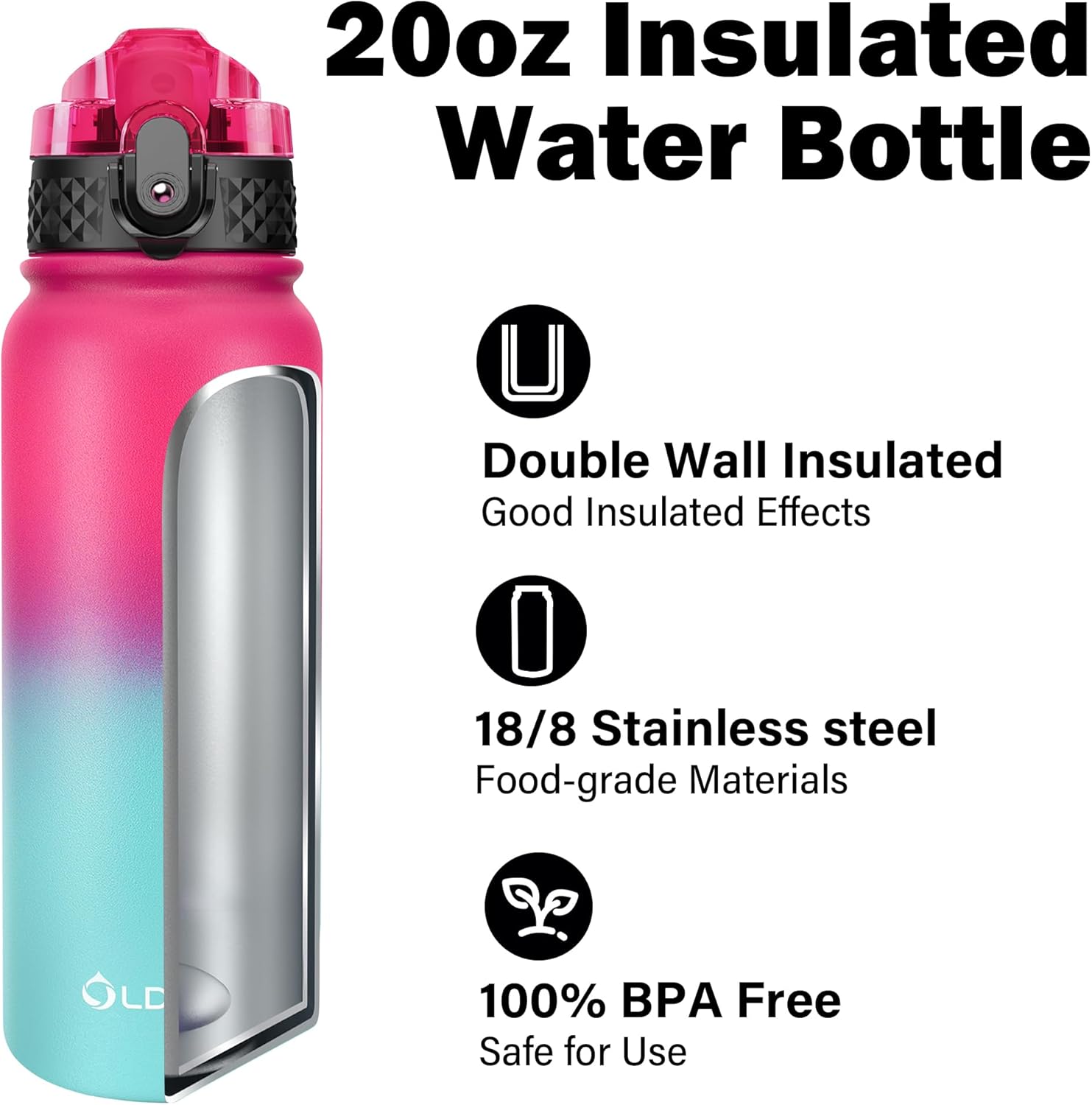 Oldley Insulated Water Bottle 20oz Water Bottles with Straw, Stainless Steel Water Bottle with 3 Lids, Double Wall Vacuum Bottels for Adults School Kids,Leak-Proof Sport Bottles, Rose Red-Green - Image 4