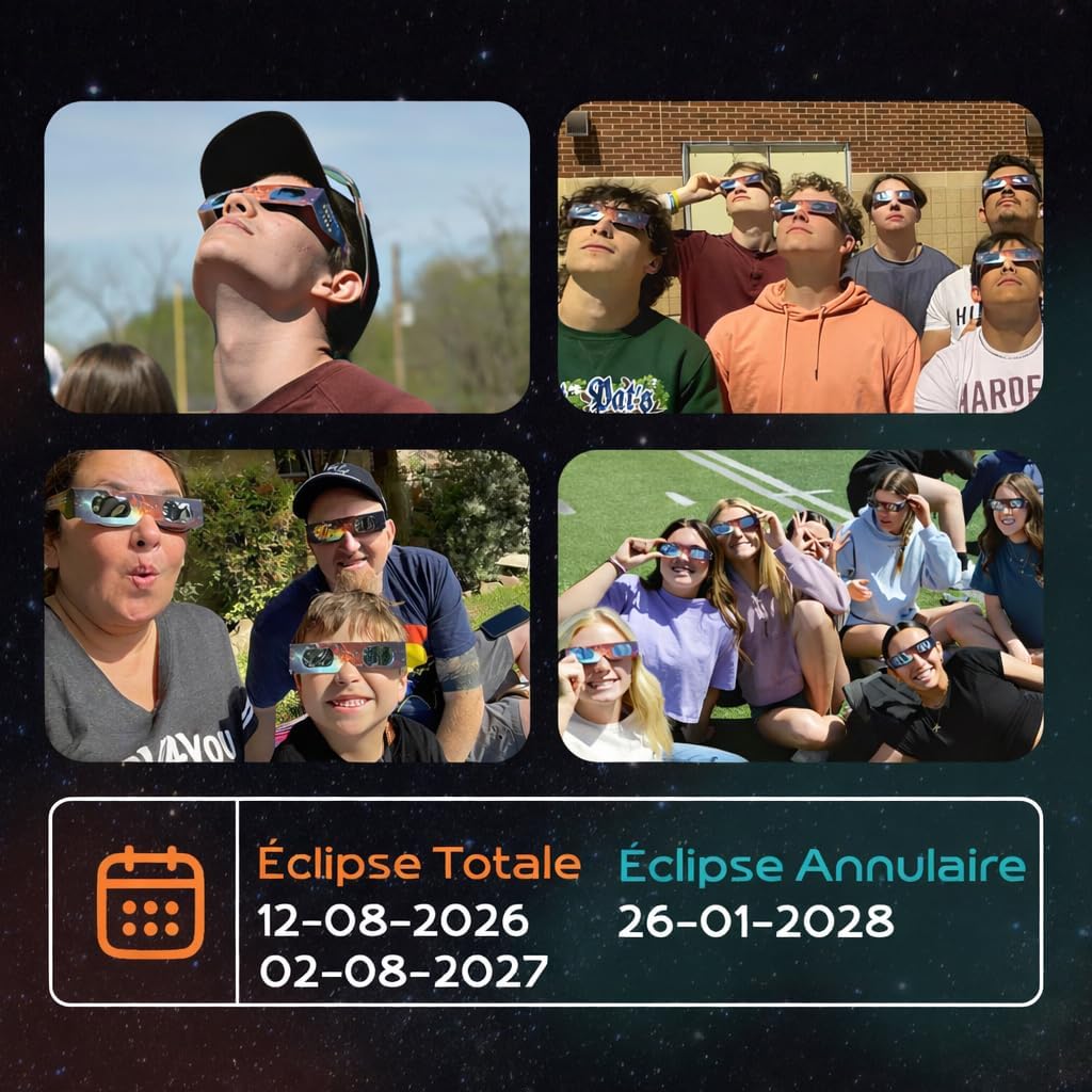 Helioclipse - Lot de 25 Lunettes Éclipse Solaire ISO 12312-2 - Lunette Éclipse Solaire Certifiée pour Éclipse de Soleil Totale ou Partielle - Bonus 5x Filtre pour Téléphone — vue 7