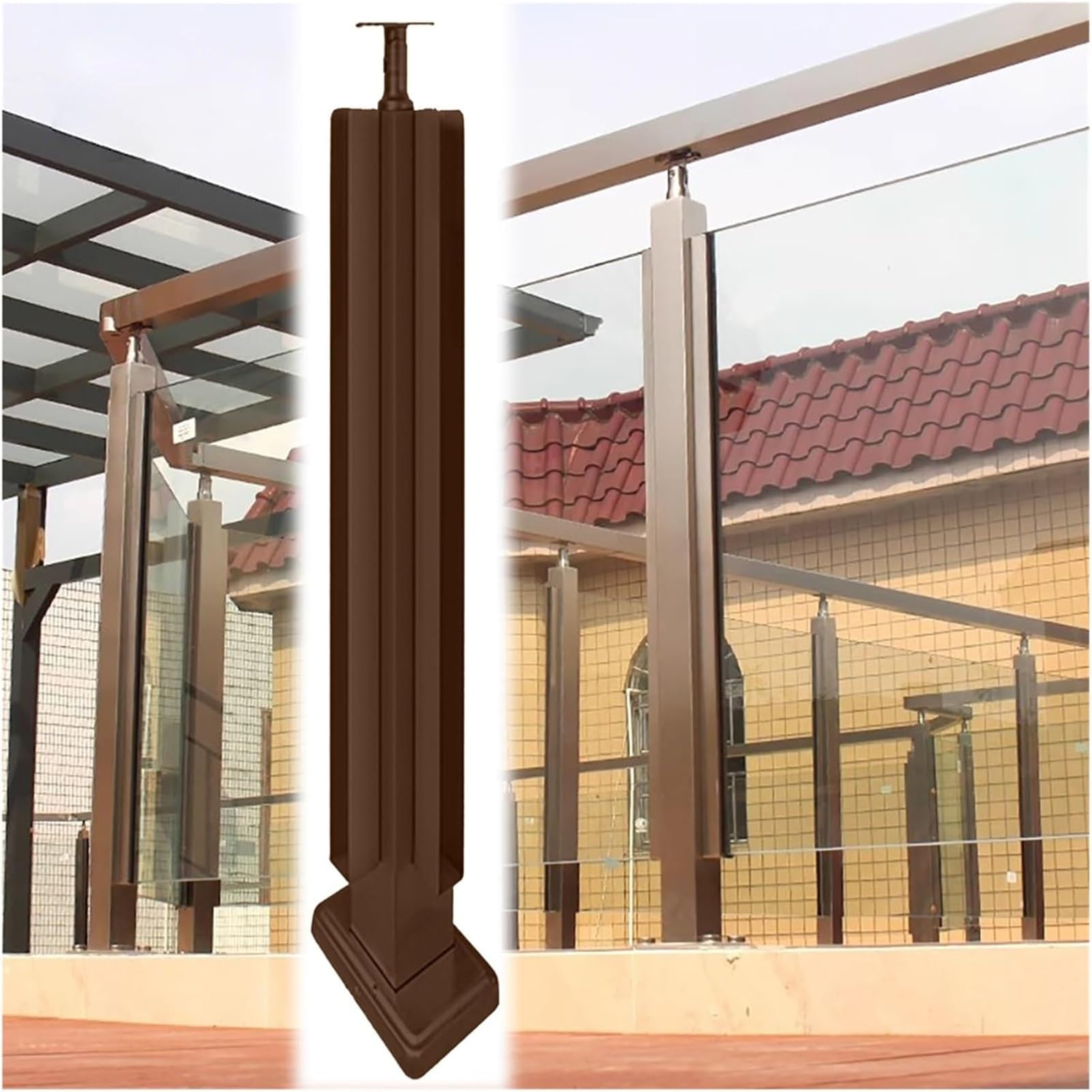 Poteau garde-corps verre en acier bronze design luxe pour terrasse élégante