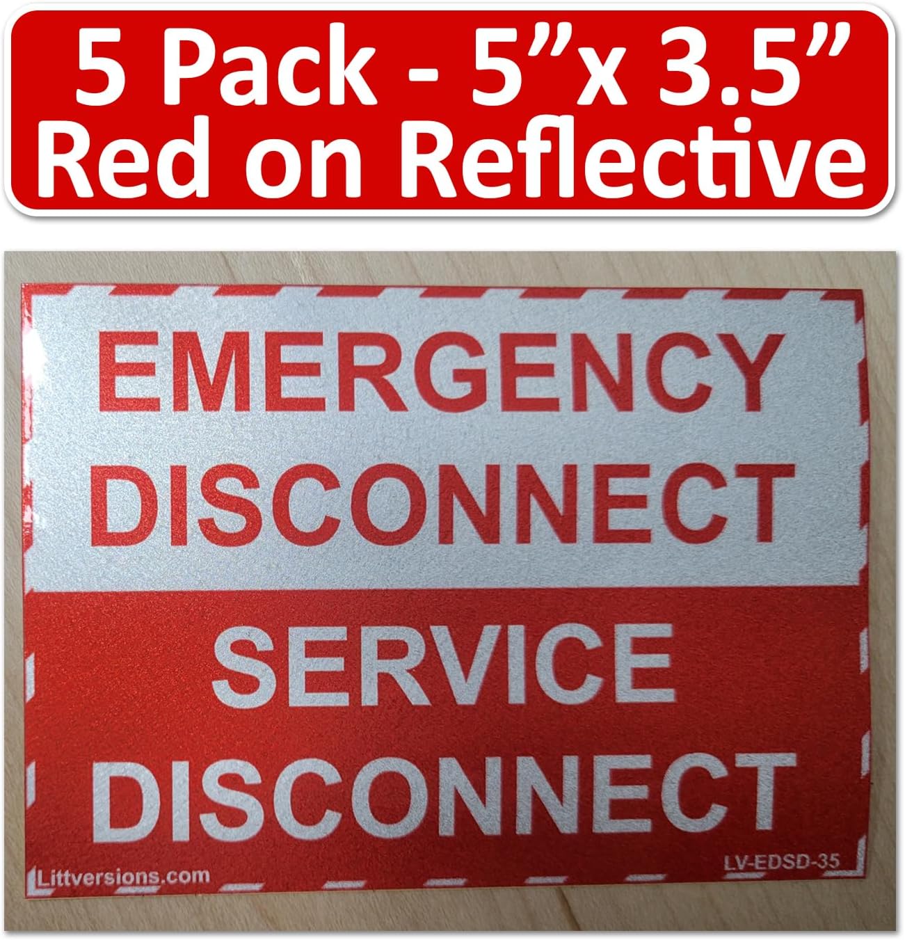 Reflective 5 Pack - 5"x 3.5" NEC Compliant Emergency Disconnect Service Labels Decal Sign Notice Sticker Elerctrical Panel Vinyl Waterproof